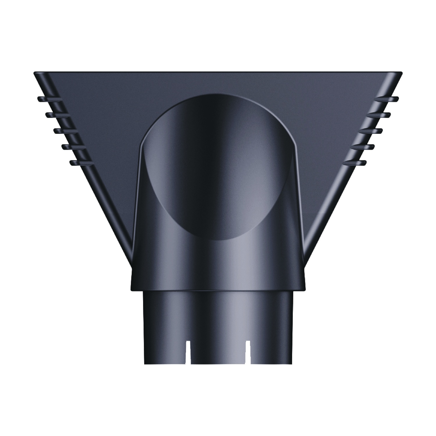 Un ugello nero per asciugacapelli, forma triangolare con apertura rotonda e base cilindrica, su sfondo bianco.