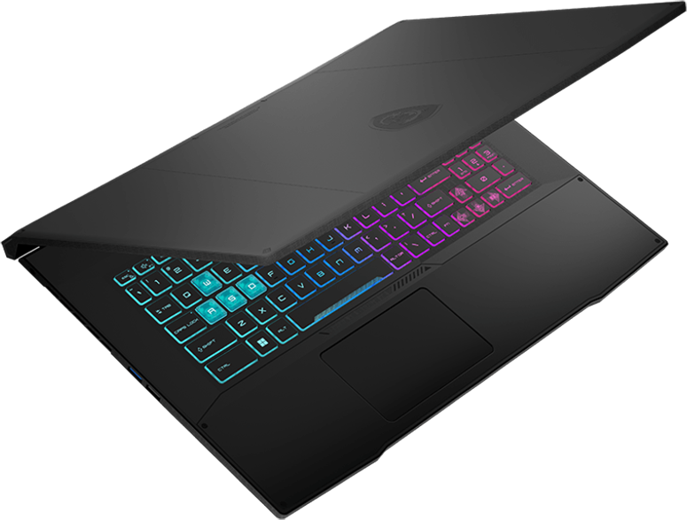 Laptop nero con tastiera illuminata aperta, vista angolata. La tastiera ha illuminazione multicolore, lo schermo è aperto. Sfondo nero.