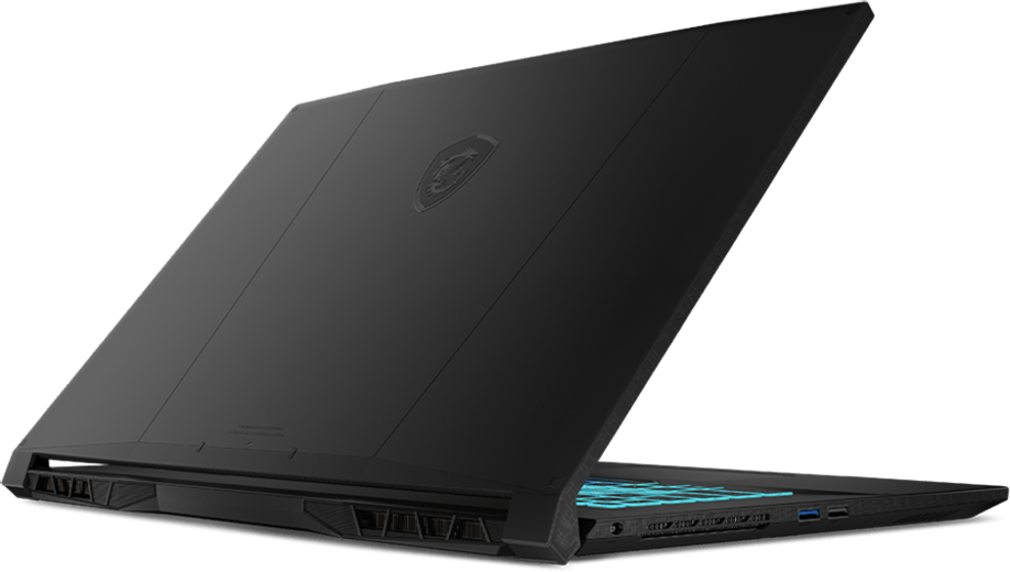Laptop MSI nero, aperto. La tastiera è illuminata da luci blu. Il logo MSI è sul coperchio. Il laptop è angolato verso lo spettatore.