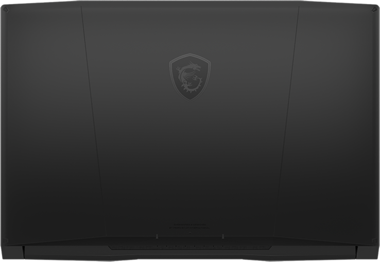 Coperchio del laptop nero con logo MSI. La superficie è opaca e il design minimalista.