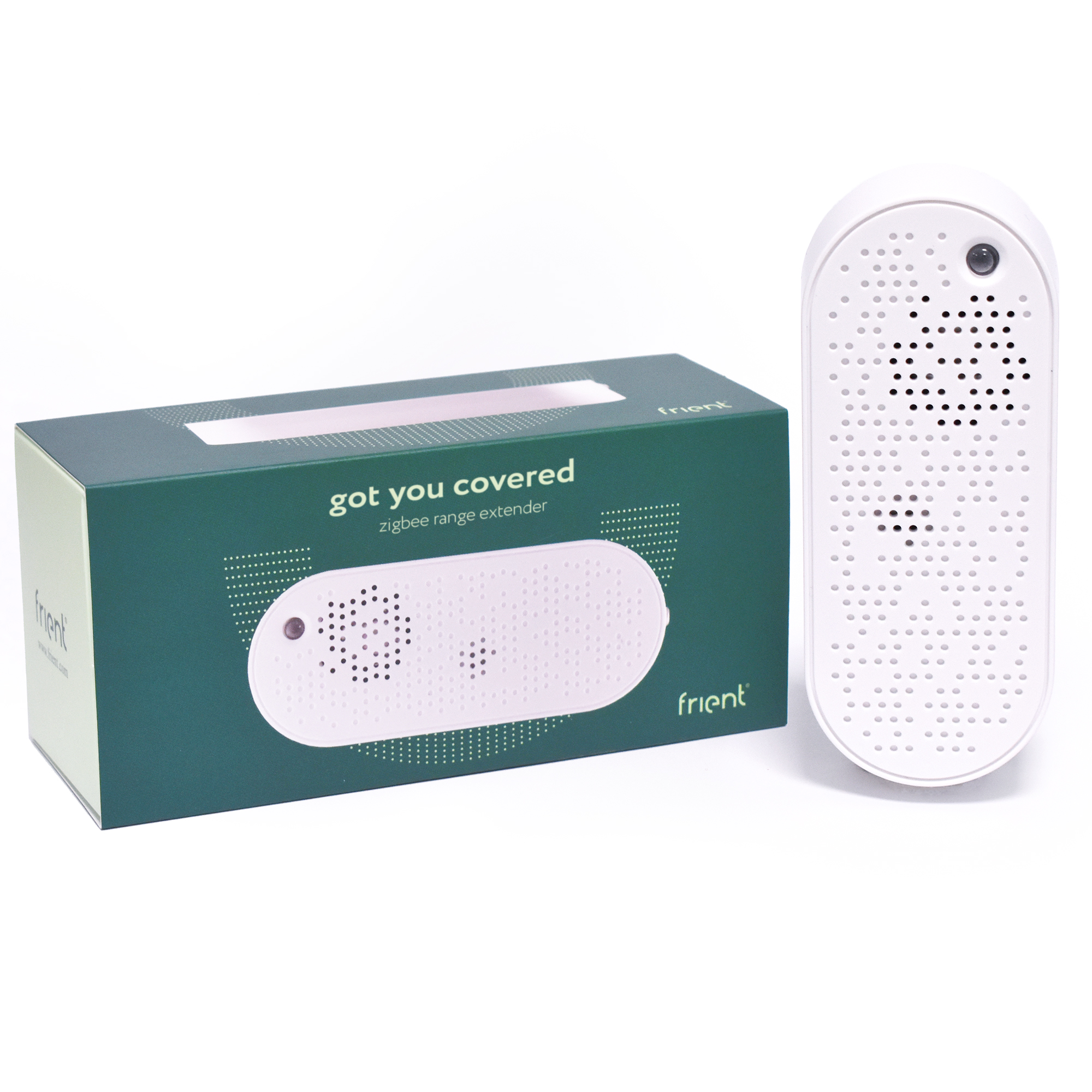 Ein weißer frient Zigbee-Repeater und seine Box. Die Box ist grün mit weißem Text und einem weißen Extender-Bild.