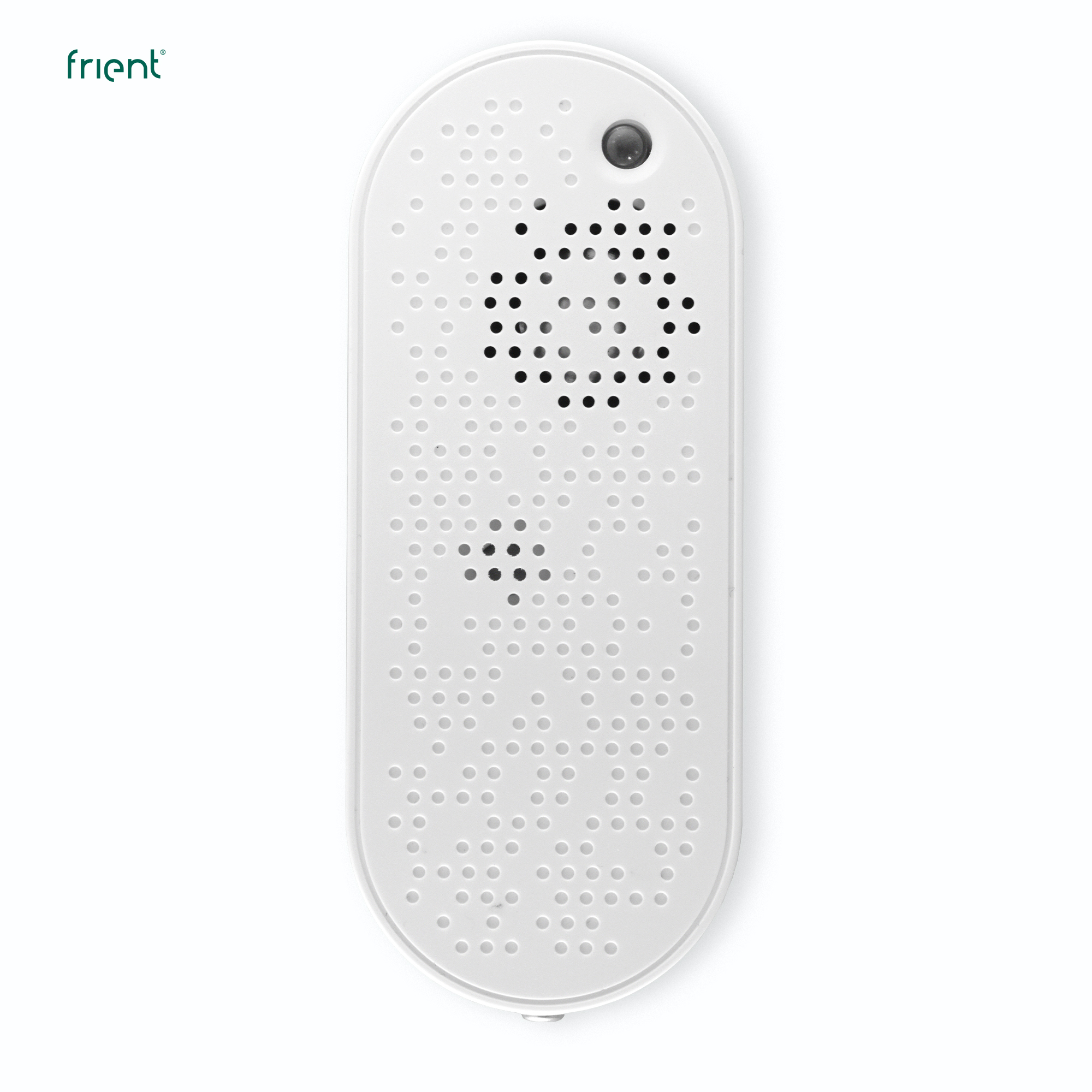 Weißes Smart-Home-Gerät von frient. Ovale Form mit vielen Löchern. Schwarze Lautsprecherlöcher und eine schwarze Kameralinse.