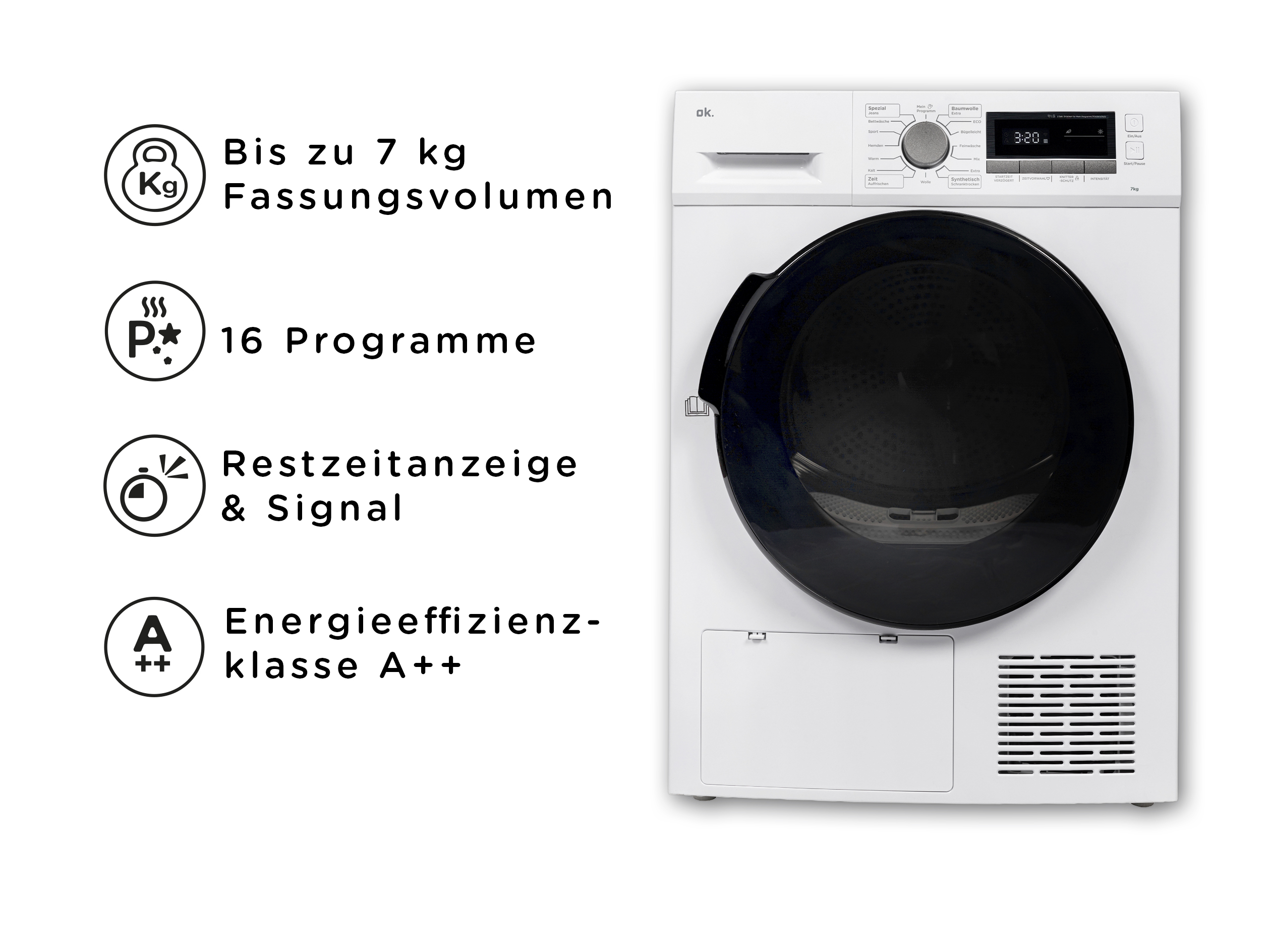 Ein weißer Trockner mit schwarzer Tür. Er hat ein Bedienfeld mit Einstellungen und eine Digitalanzeige.