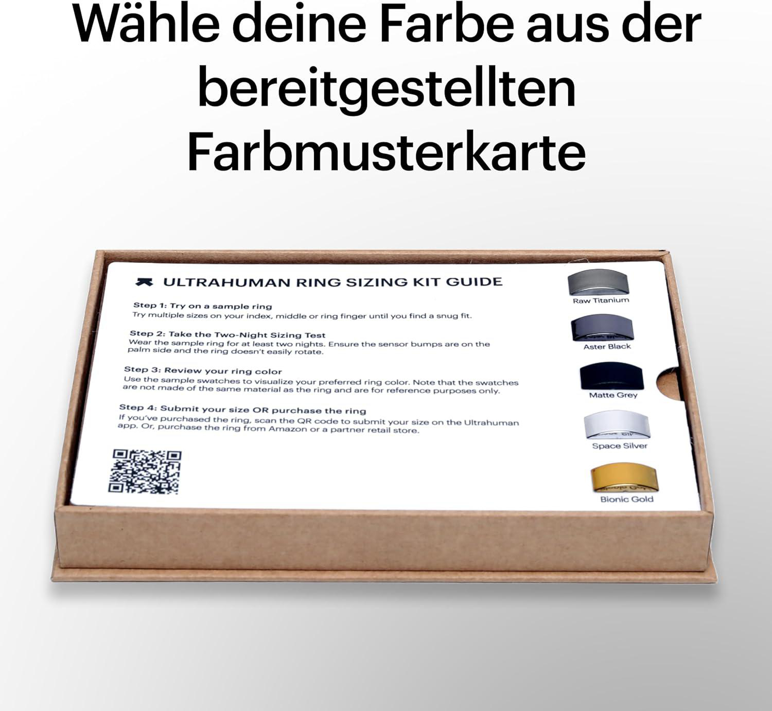 Ein Ring-Sizing-Kit mit Farbmustern. Der Text lautet: 'Wählen Sie Ihre Farbe aus der bereitgestellten Farbkarte'. Anweisungen sind sichtbar.