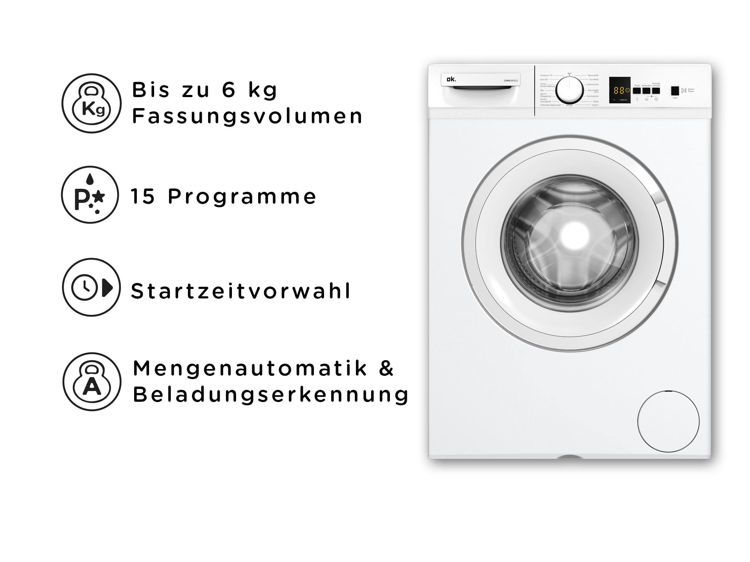 Eine weiße Waschmaschine mit einer Frontlader-Tür. Sie hat ein Bedienfeld und mehrere Symbole, die Funktionen anzeigen.
