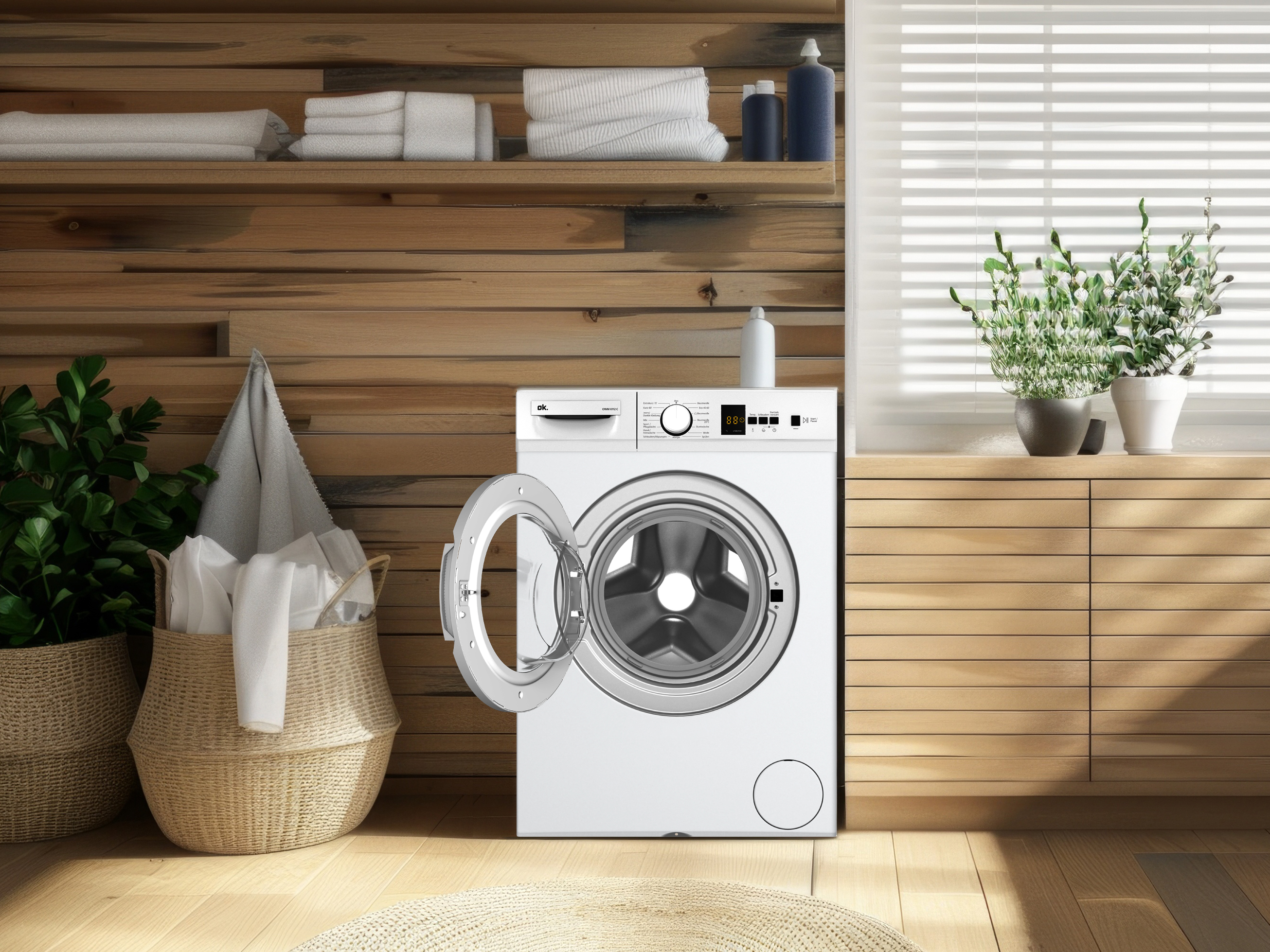 Eine weiße Waschmaschine mit offener Tür. Handtücher liegen auf einem Regal. Pflanzen in Töpfen und ein Teppich sind vorhanden.