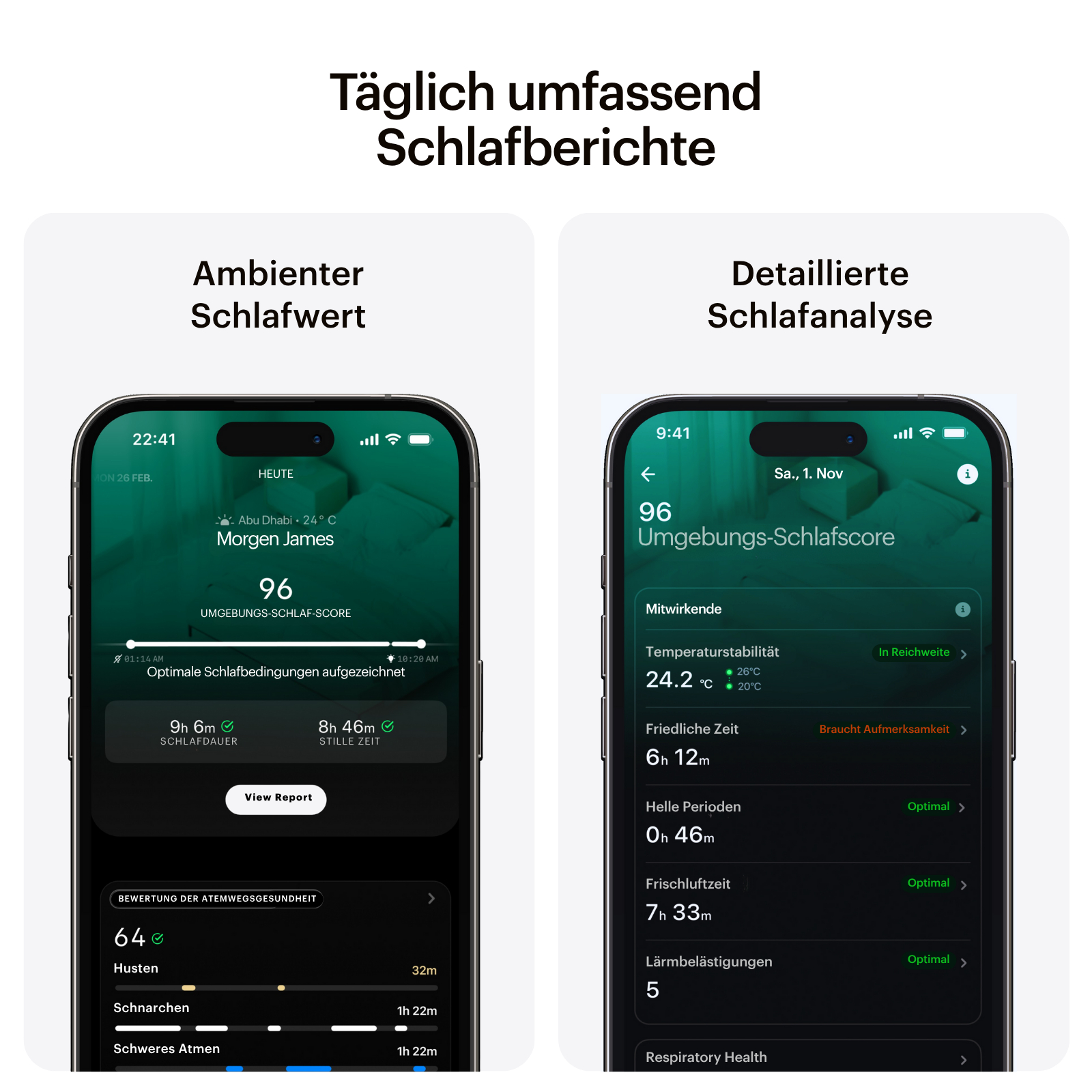 Zwei Handys mit Schlafanalyse-Daten. Diagramme und Metriken werden angezeigt. Das Design ist sauber und modern.