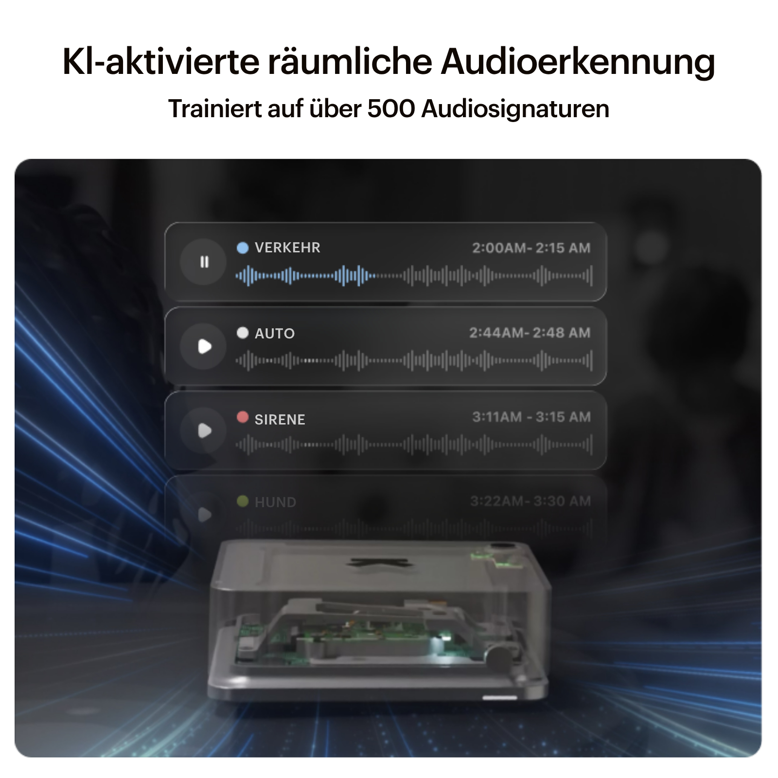 Das Bild zeigt Audioerkennung. Es zeigt Schallereignisse wie Verkehr, Auto, Sirene und Hund mit Zeitstempeln und einem Gerät.