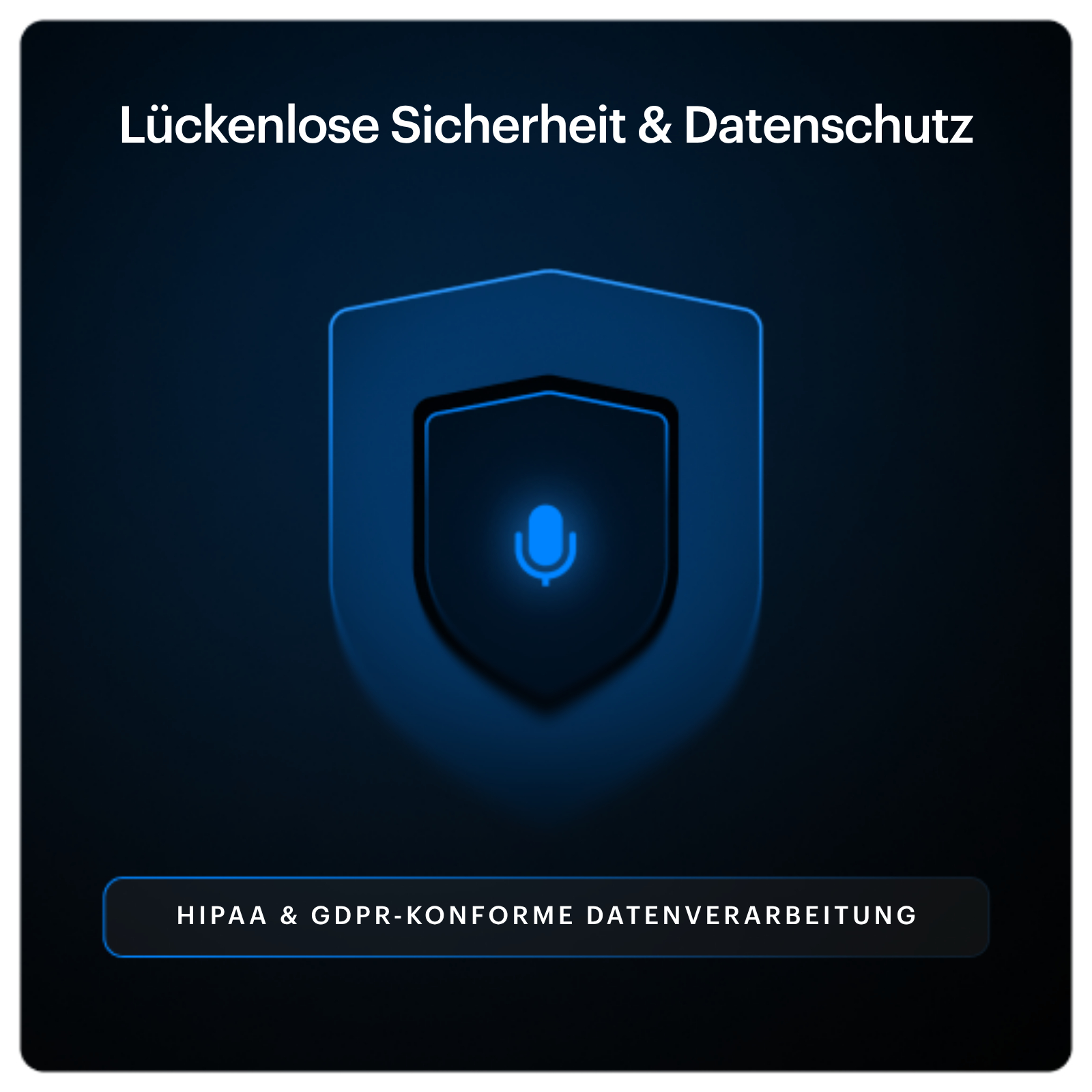 Blauer Schild mit Mikrofon-Symbol, Text oben: 'Lückenlose Sicherheit & Datenschutz', Text unten.