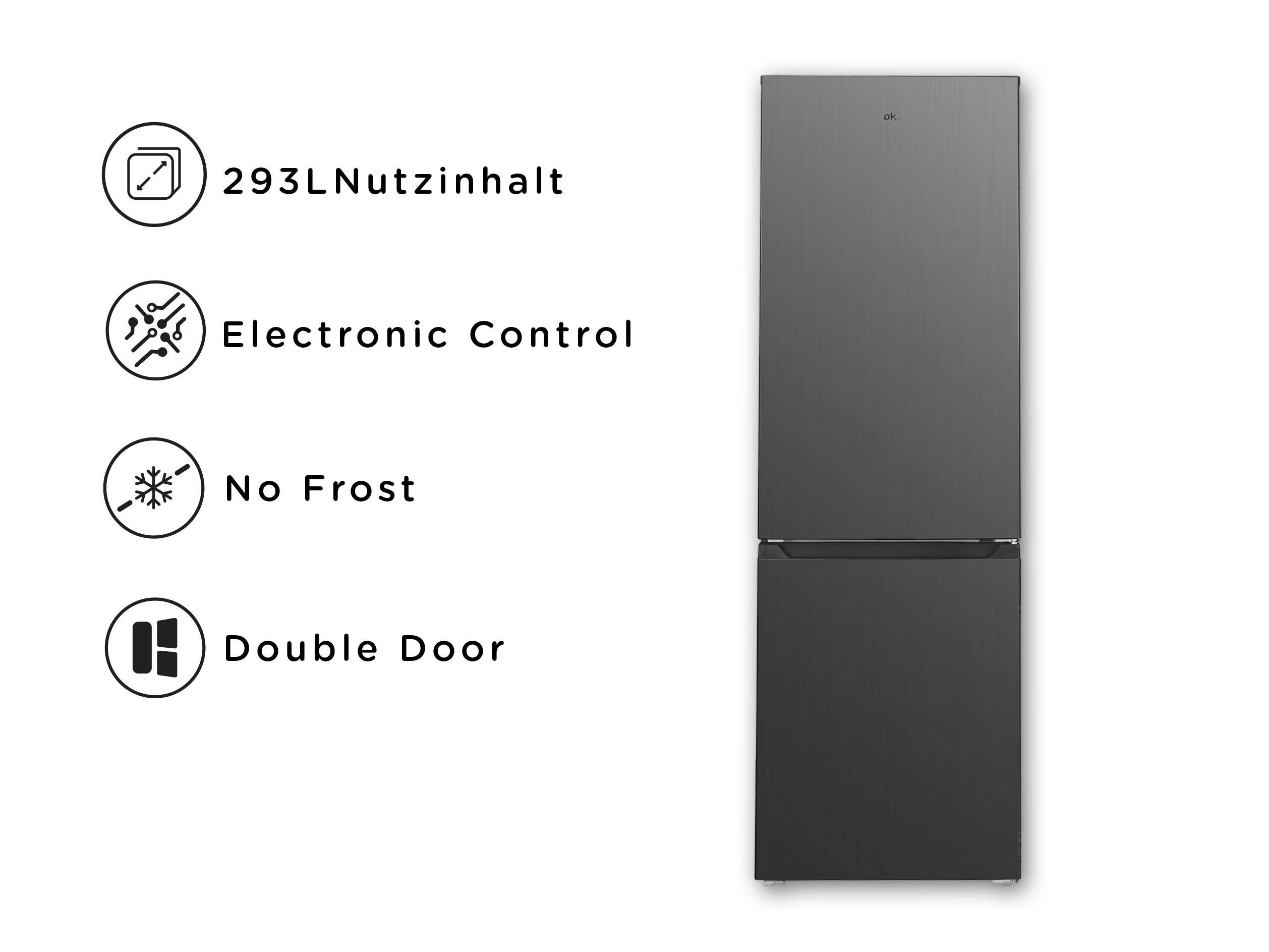 Dunkelgrauer Doppeltür-Kühlschrank mit Symbolen für Funktionen, wie 293L Fassungsvermögen und kein Frost.