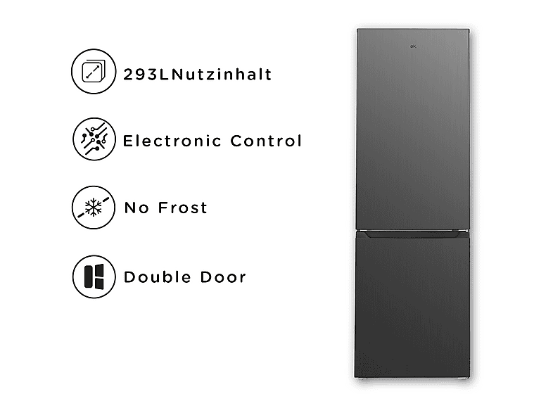 OK. OFK 611-1 E NF IN Kühlgefrierkombination (E, 293 l, 1854 mm hoch, Inox)