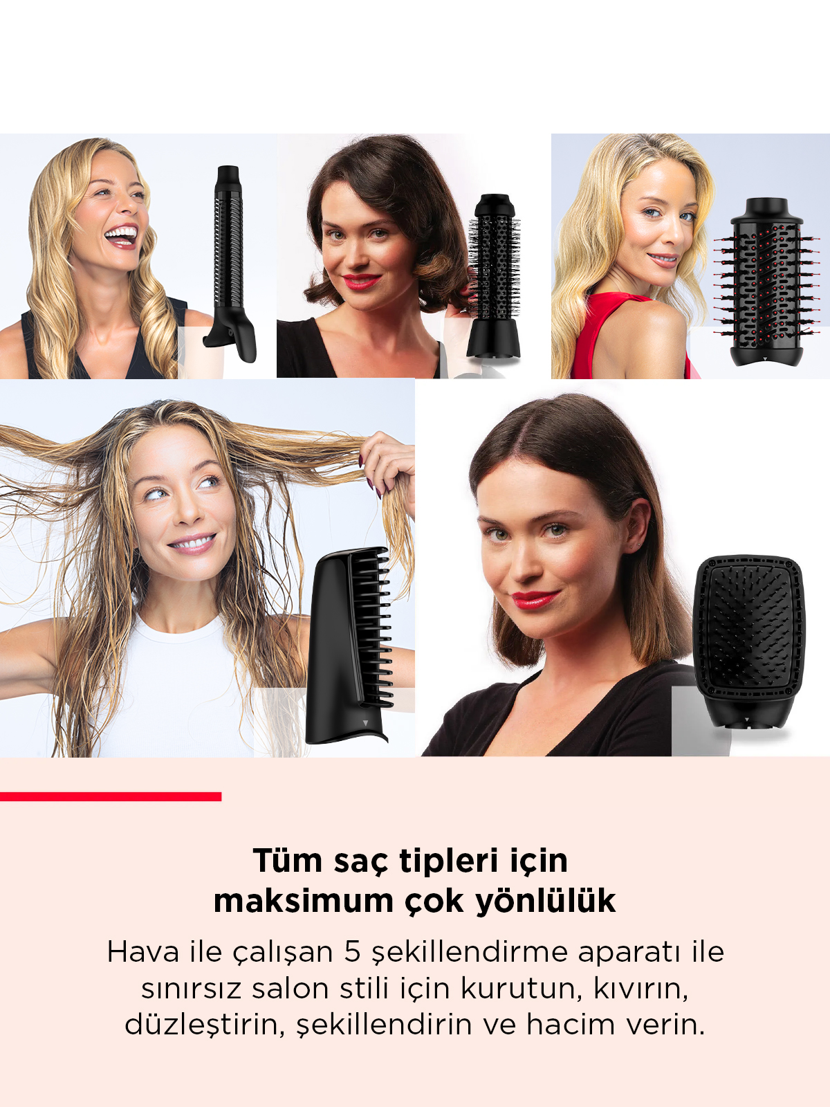 Görselde saç şekillendirme araçları kullanan kadınlar ve çeşitli eklentilerle saç şekillendirme çok yönlülüğünü tanıtan metin yer alıyor.