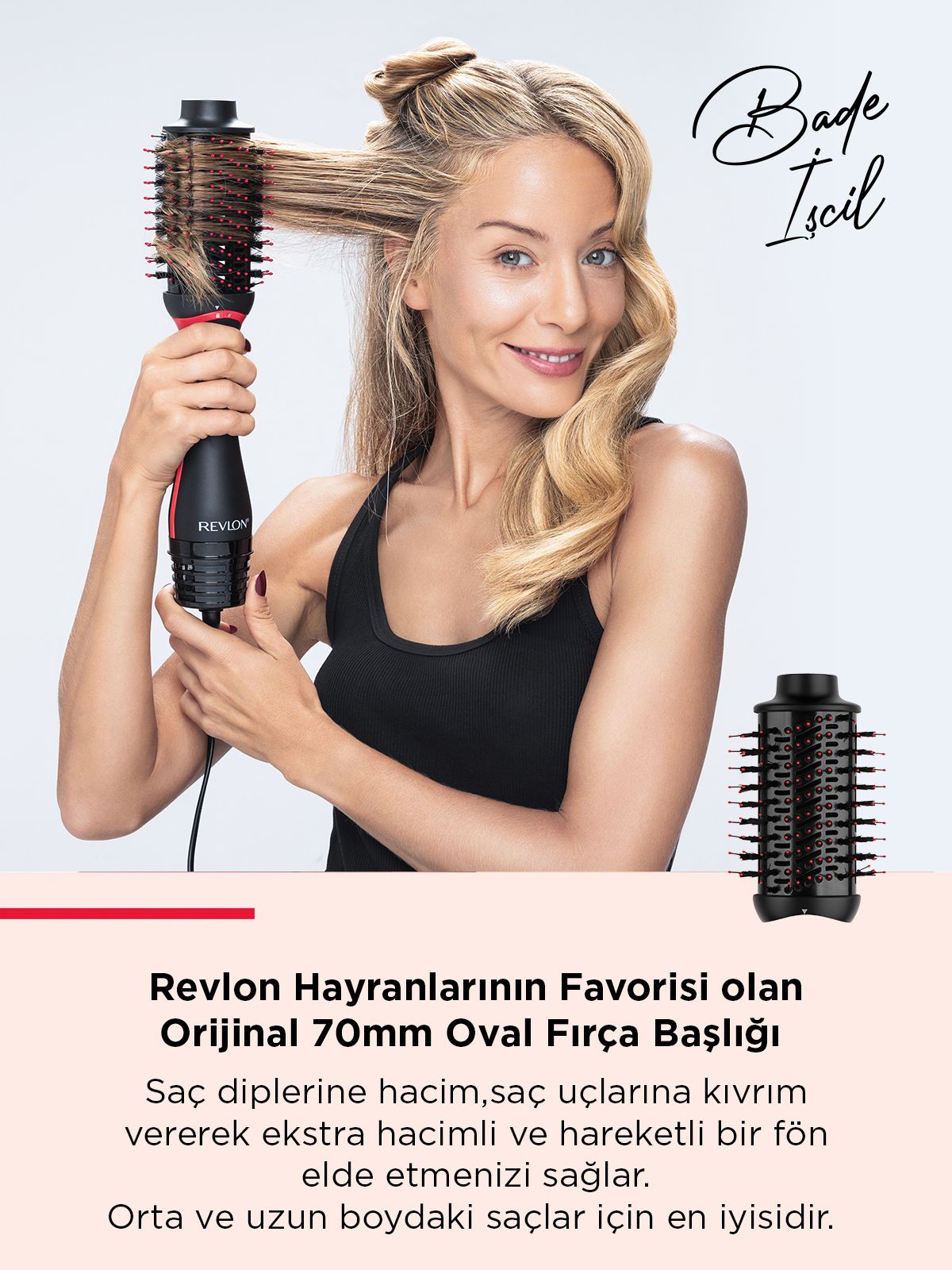 Bir kadın, sarı saçları şekillendirirken bir Revlon saç şekillendirme fırçası tutuyor. Aşağıda ikinci bir fırça gösteriliyor. Türkçe metin mevcut.