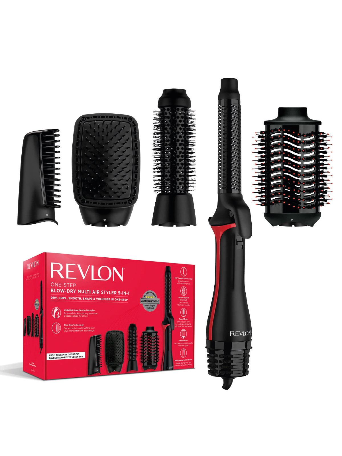 Çoklu ekleri olan bir Revlon One-Step saç şekillendirici. Kutu ve şekillendirici siyah ve kırmızıdır.