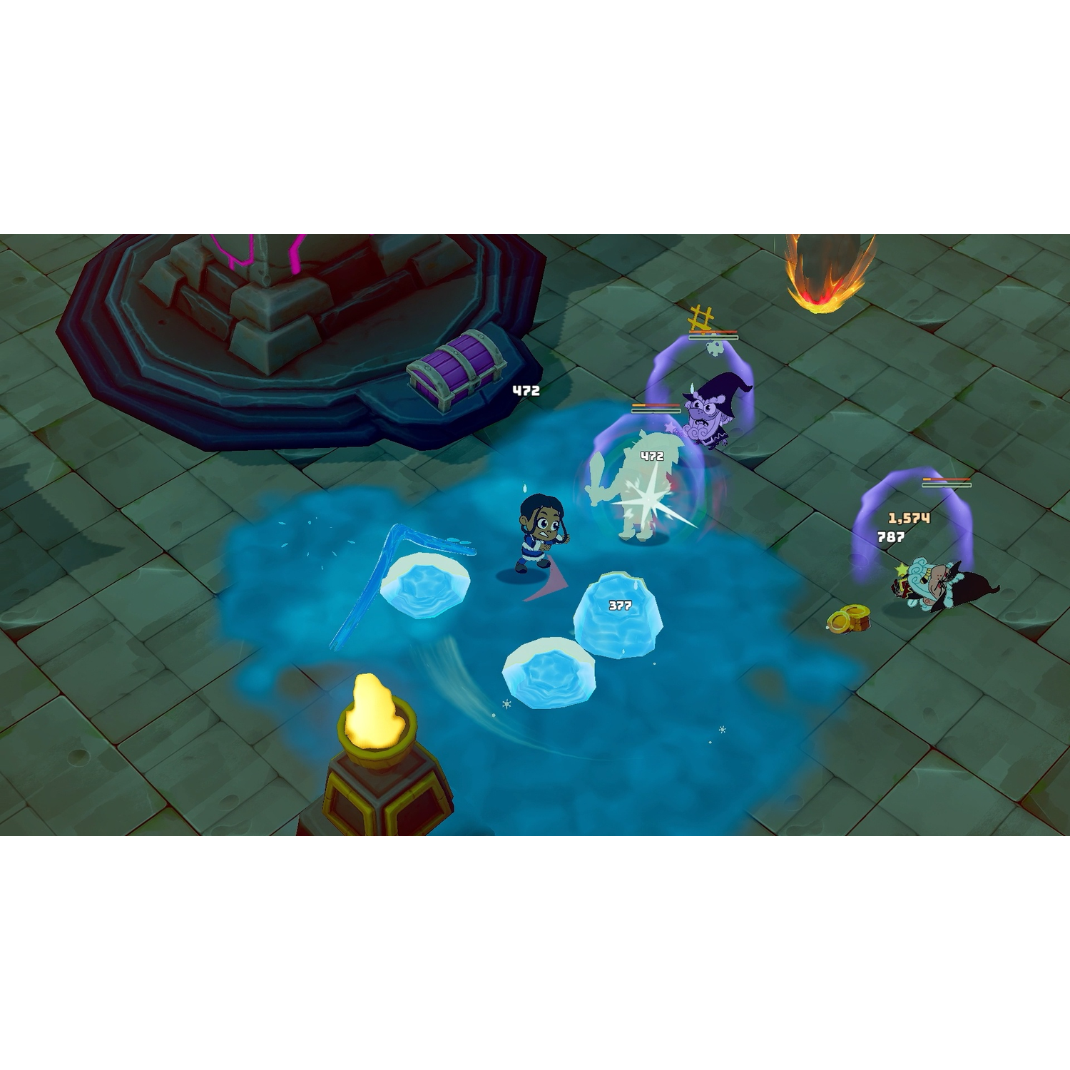 A character fights enemies in a dungeon. There's a chest, ice blocks, and a torch. Enemies have health bars.