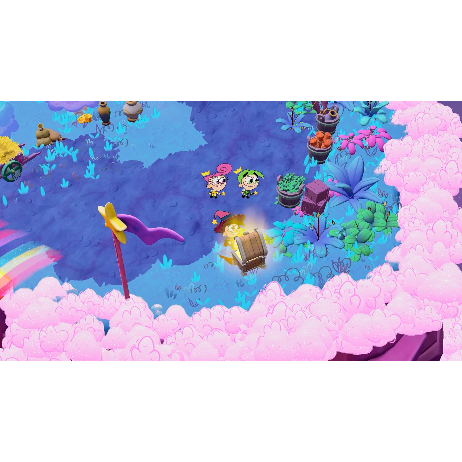 Colorful cartoon scene with characters, a rainbow, and pink fluffy clouds. Characters include a fairy, a witch, and a fairy godmother.
