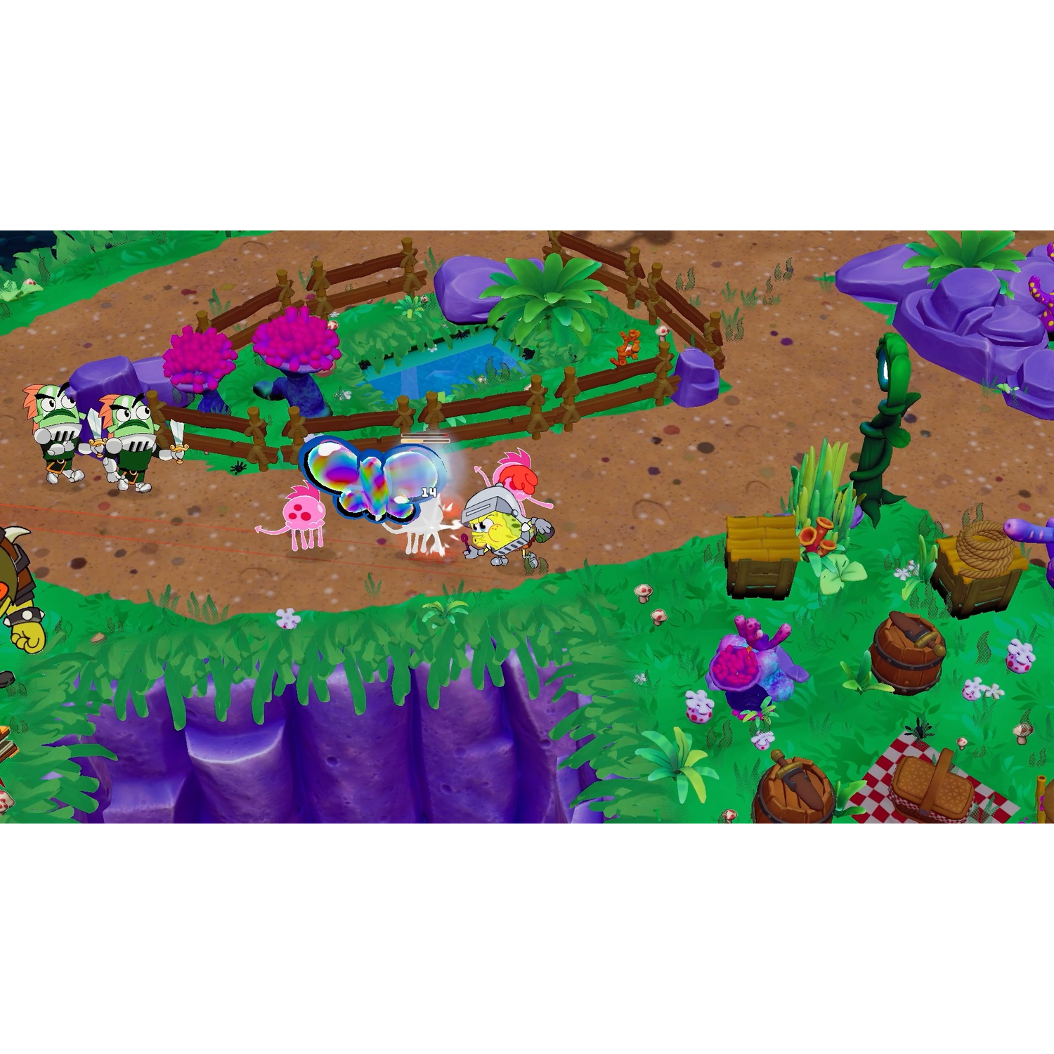 A colorful game scene. Cartoon characters stand in a field with a pond, fence, and various objects. Purple and pink elements are present.