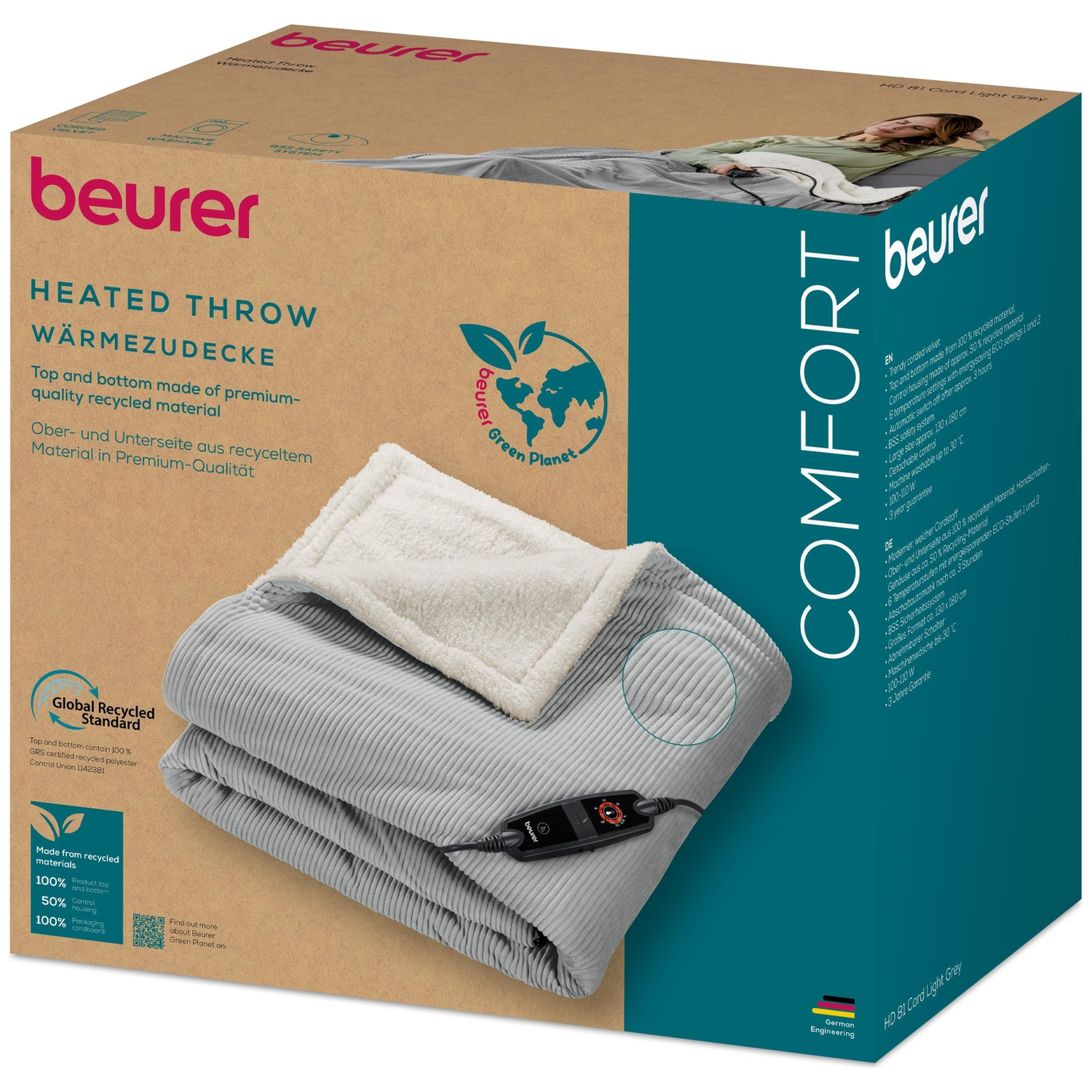A gray heated blanket with a control panel is on a product box. Beurer branding is visible.