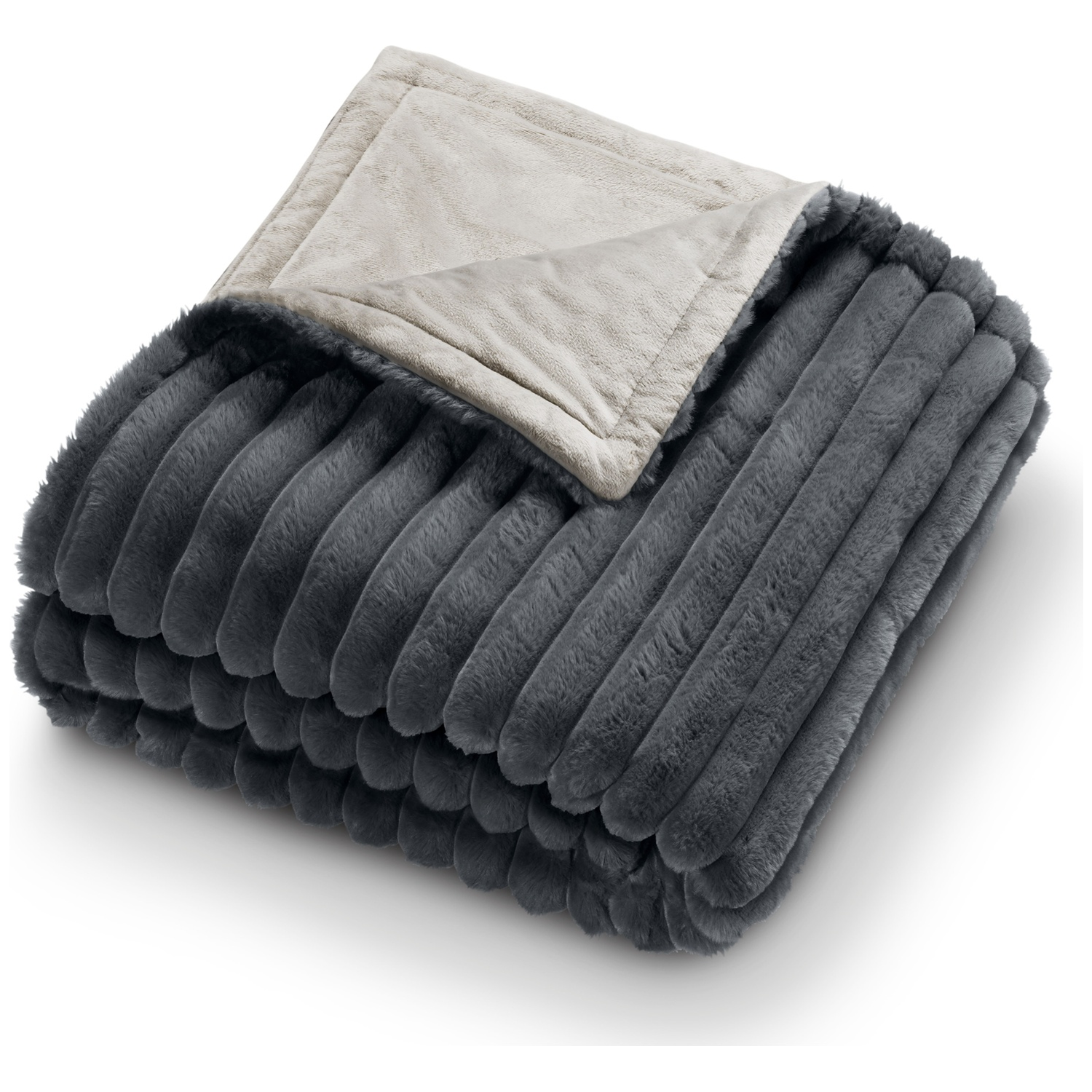 A folded, gray, plush blanket with a ribbed texture. The top portion is a light tan color.