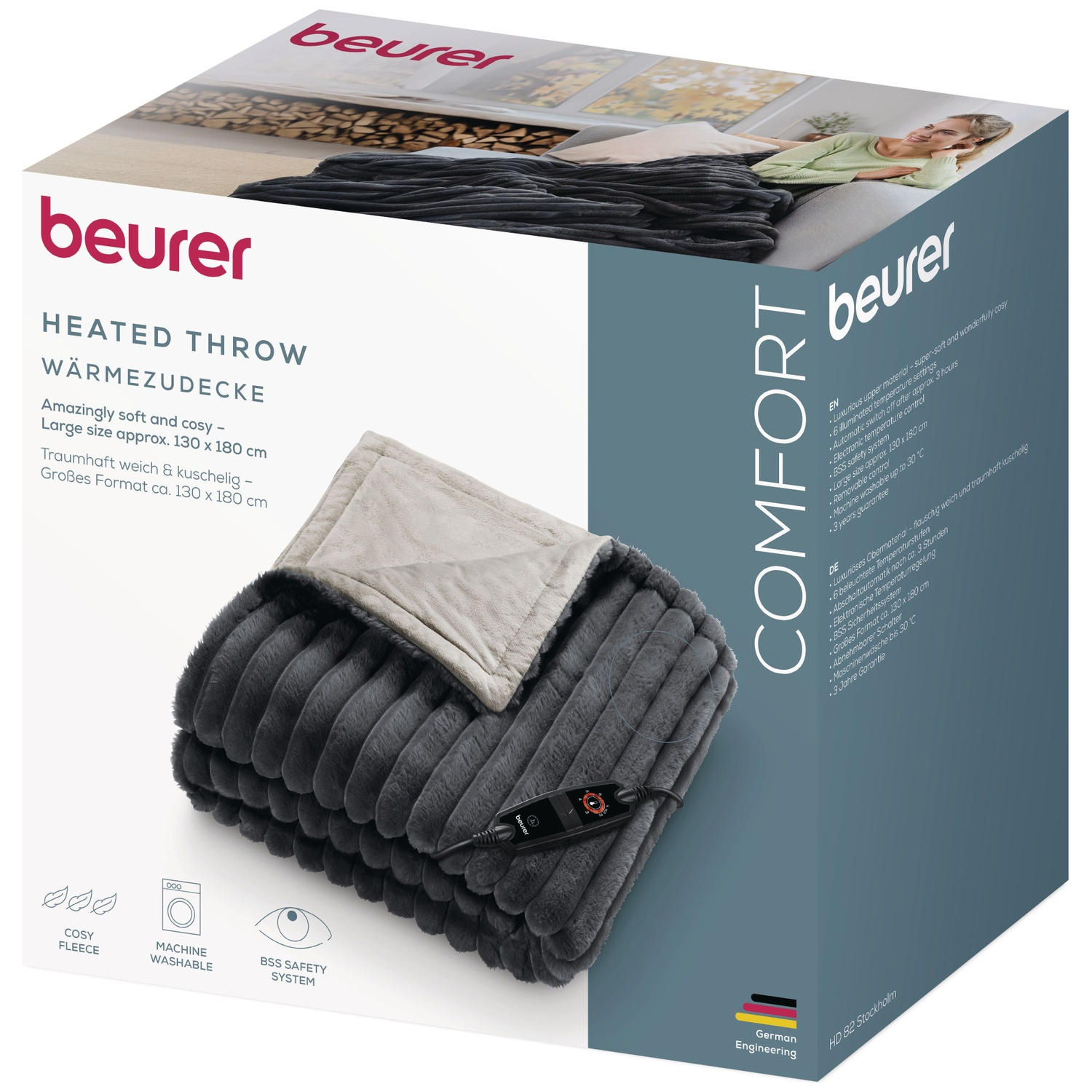 A gray heated throw blanket in a box. The box has text and a picture of a woman using the blanket.