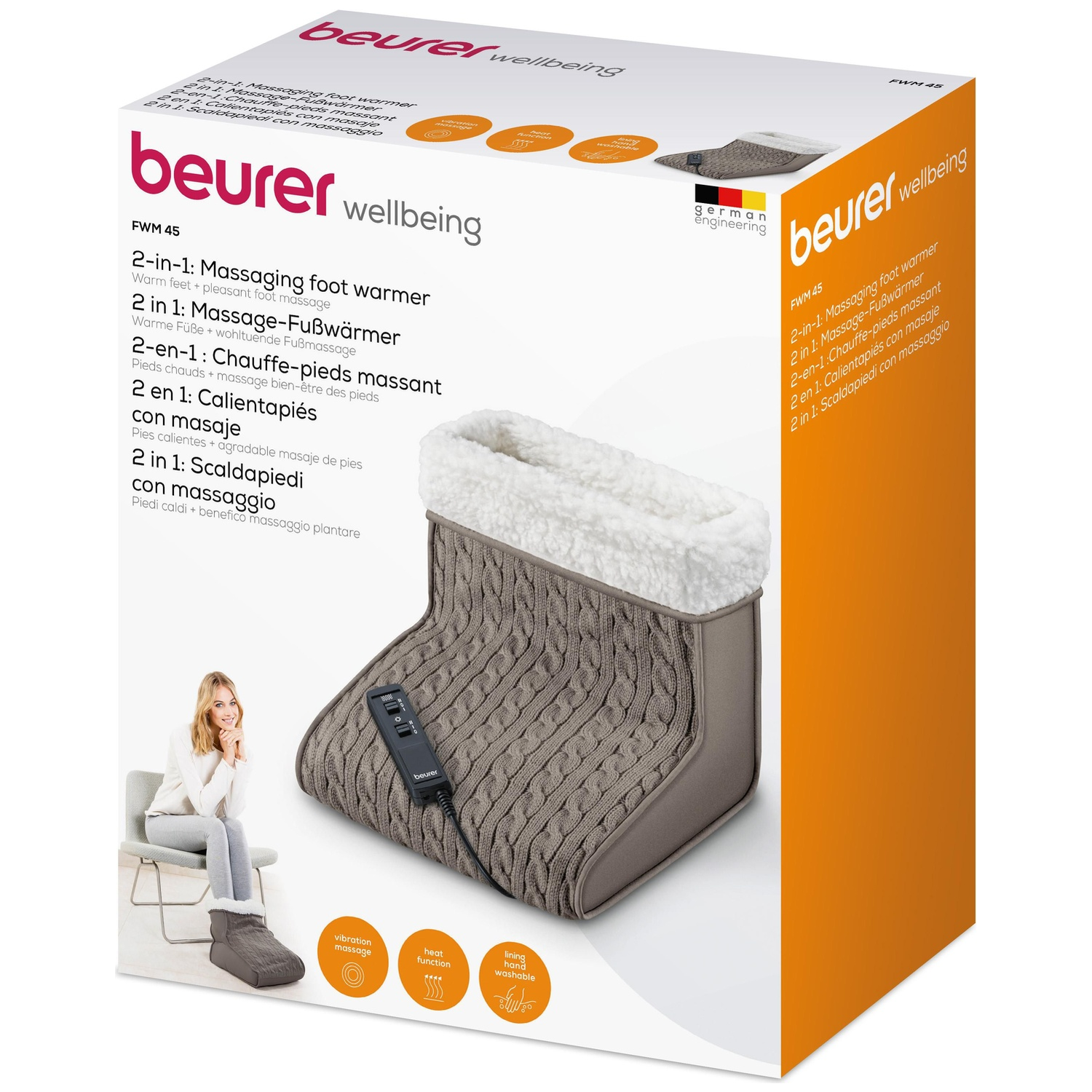 Verpakte voetwarmer met afstandsbediening. Een vrouw zit en gebruikt de voetwarmer. Tekst bevat 'beurer wellbeing'.