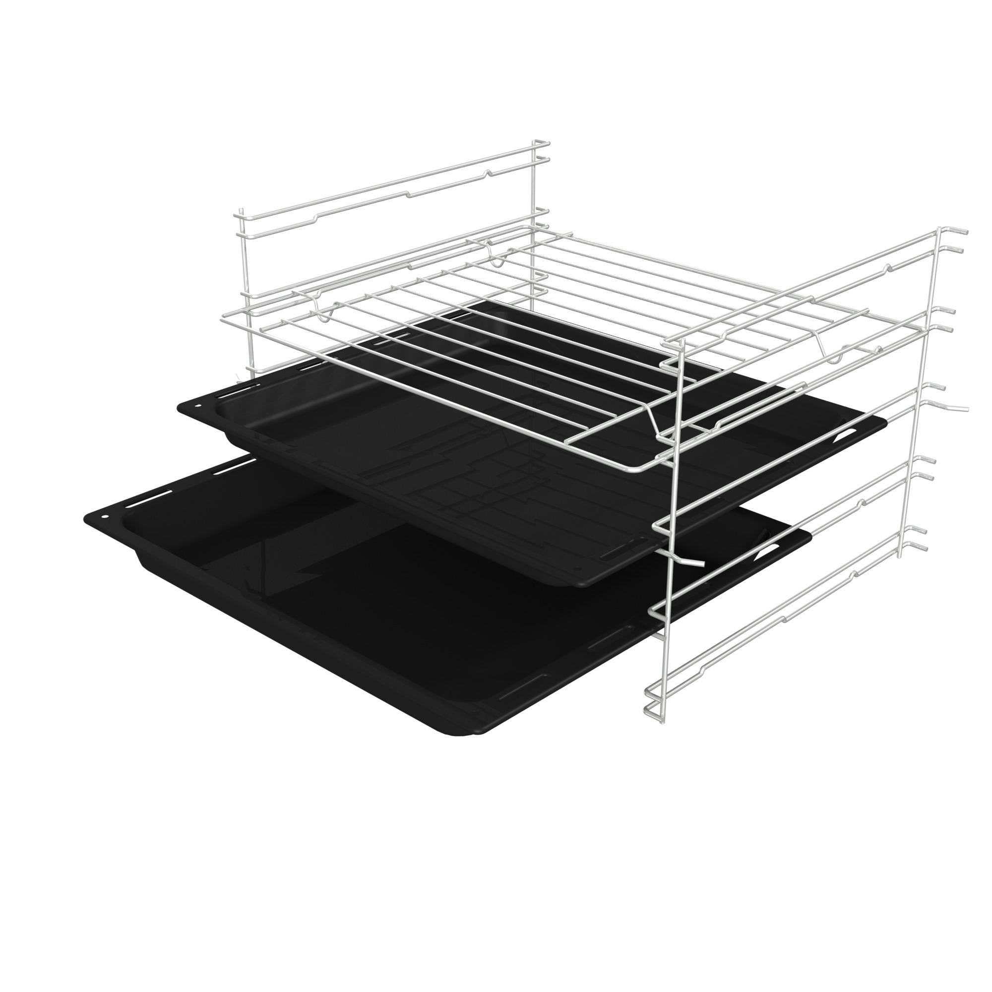 Ein Backofengestell mit zwei schwarzen Tabletts. Das Gestell ist aus Metall und hat einen weißen Hintergrund.