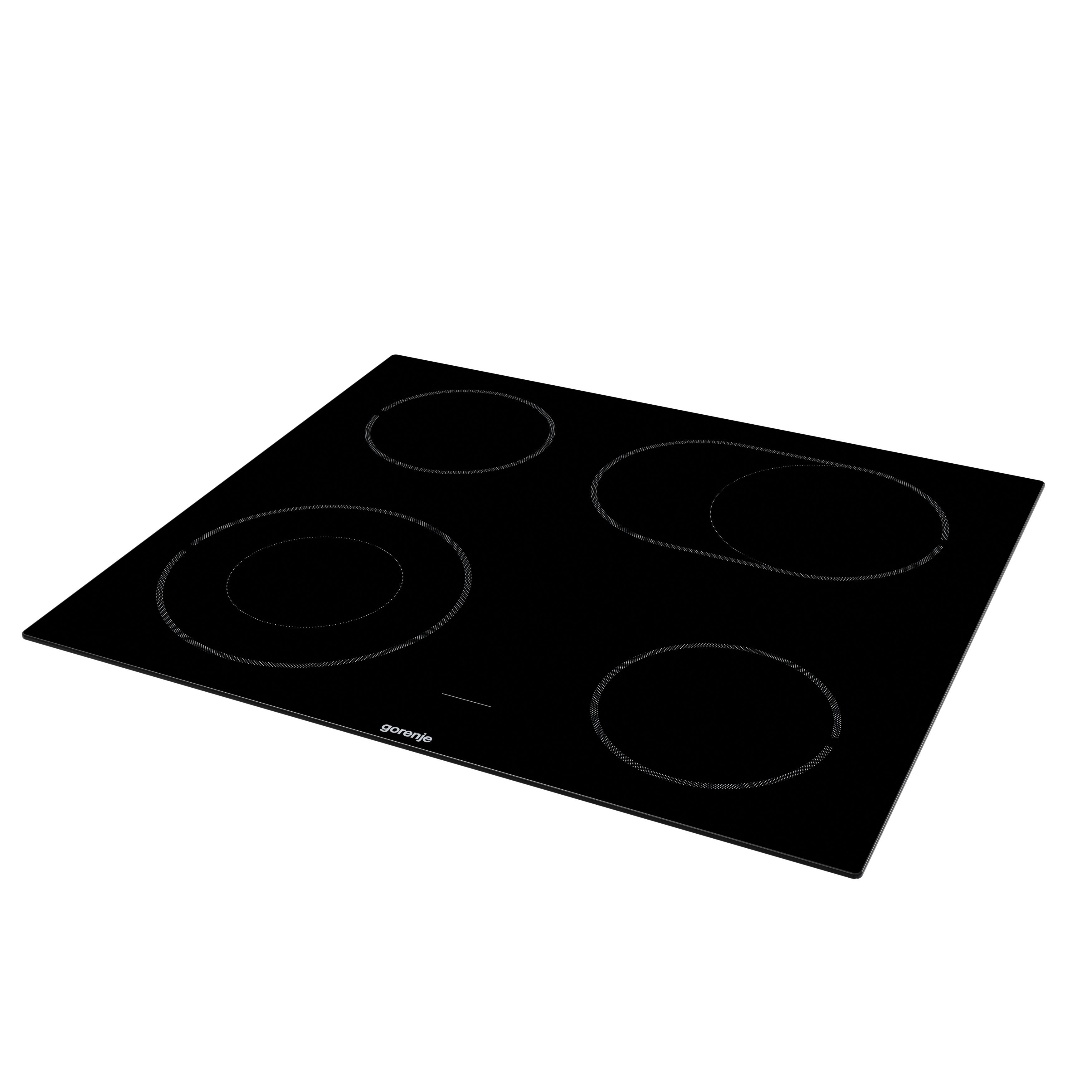 Ein schwarzes Glaskochfeld mit vier kreisförmigen Kochfeldern. Die Marke ist Gorenje.