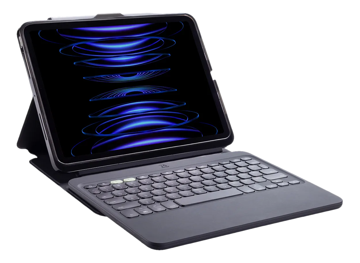 Tablet mit Tastatur. Der Bildschirm zeigt blaue, leuchtende Linien. Die Tastatur ist grau.