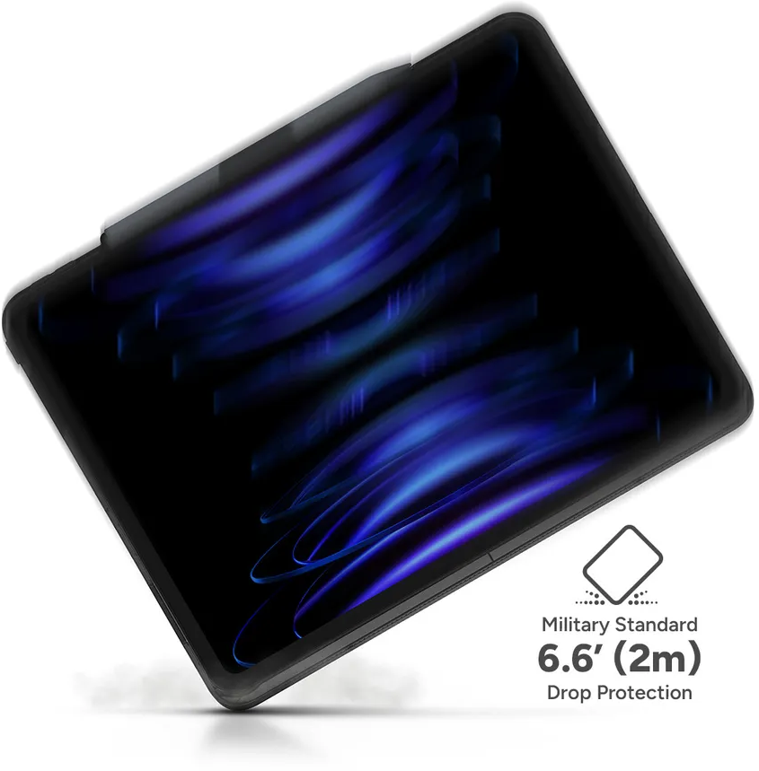 Schrägansicht einer schwarzen Tablethülle mit blauem, abstraktem Design. Militärischer Fallschutz wird hervorgehoben.