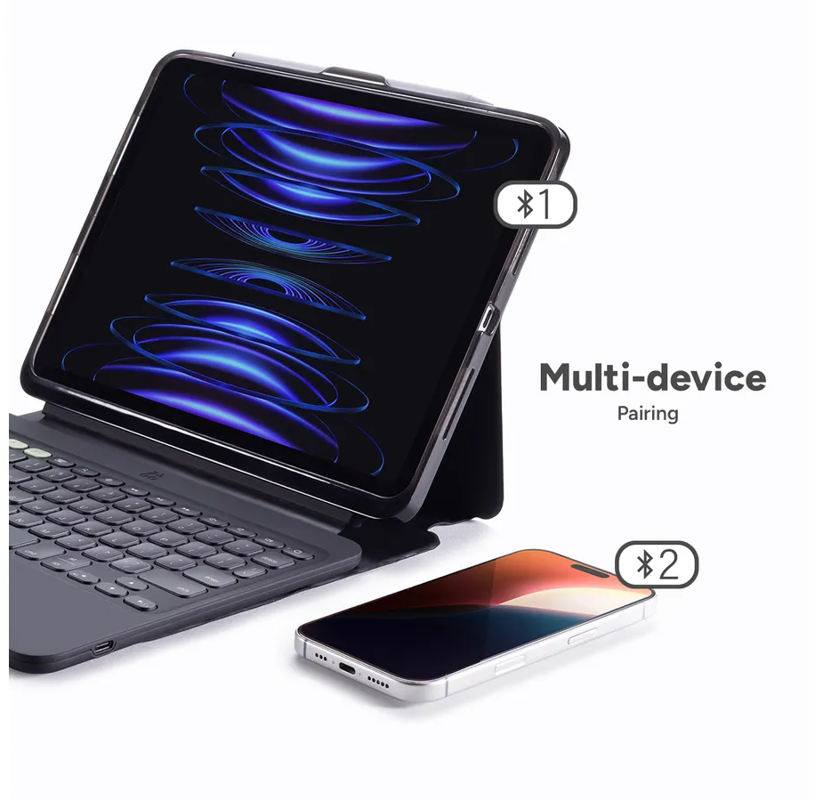 Ein iPad mit Tastaturhülle und ein Smartphone werden gezeigt und demonstrieren Multi-Device-Pairing. Der Bildschirm zeigt blaue Grafiken.