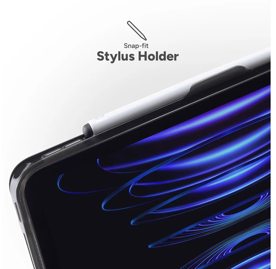 Ein Stifthalter mit einem weißen Stift in einer durchsichtigen Hülle. Der Hintergrund ist dunkelblau mit hellblauen Linien. Die Worte 'Snap-fit Stylus Holder' stehen darüber.