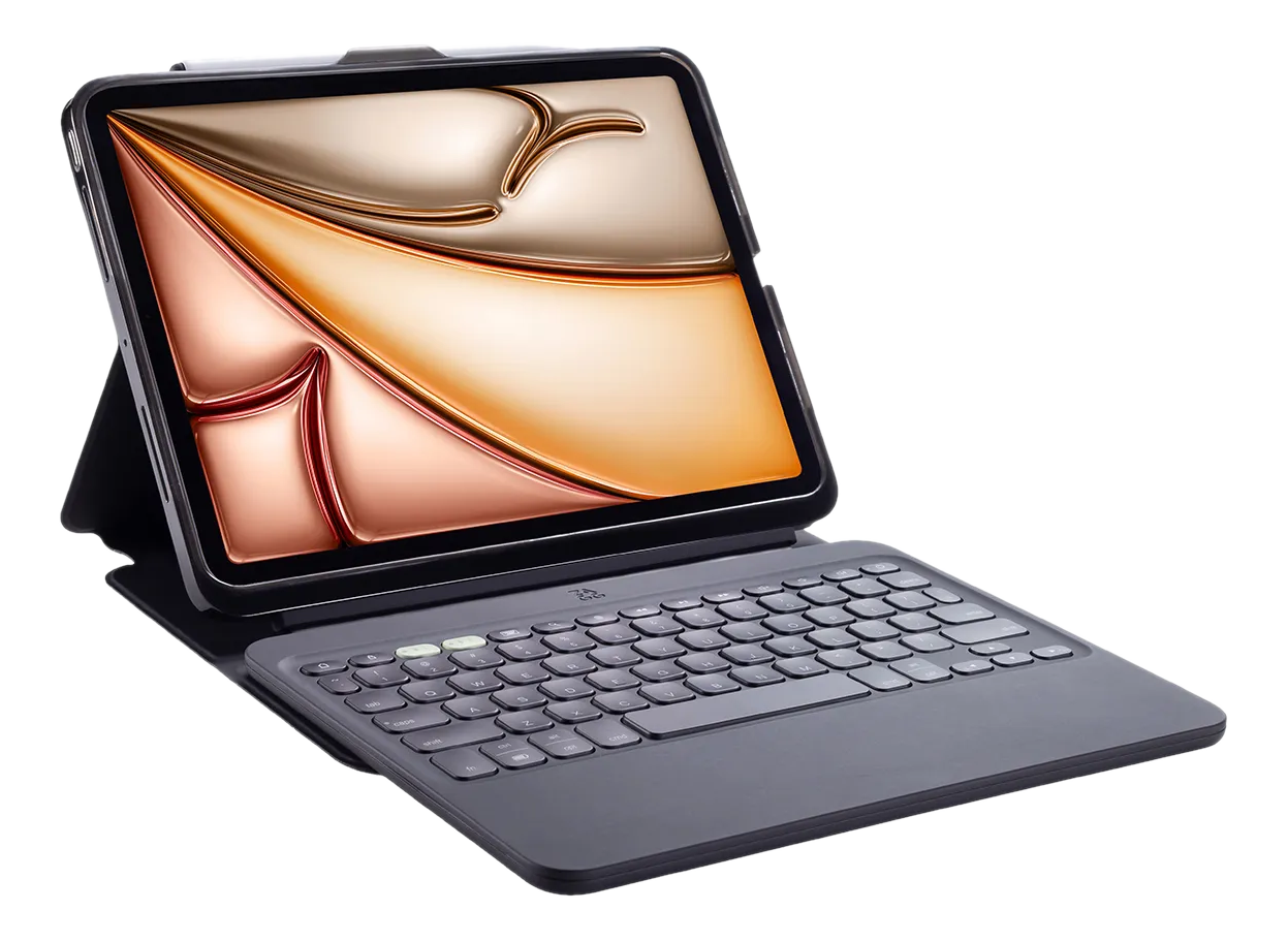 Tablet mit angeschlossener Tastatur. Der Bildschirm zeigt abstrakte Kunst mit Bronze- und Goldfarben. Die Tastatur ist grau.