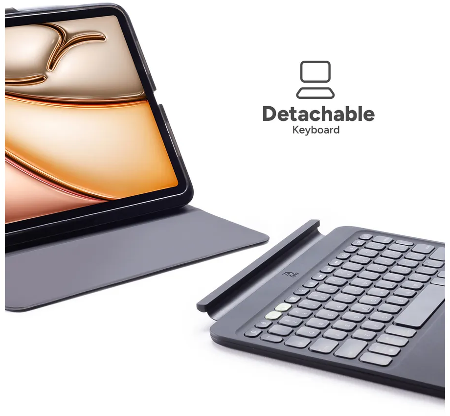 Tablet mit abnehmbarer Tastatur. Das Tablet ist in einem grauen Gehäuse. Die Tastatur ist schwarz mit weißen Tasten. Text: 'Abnehmbare Tastatur'.