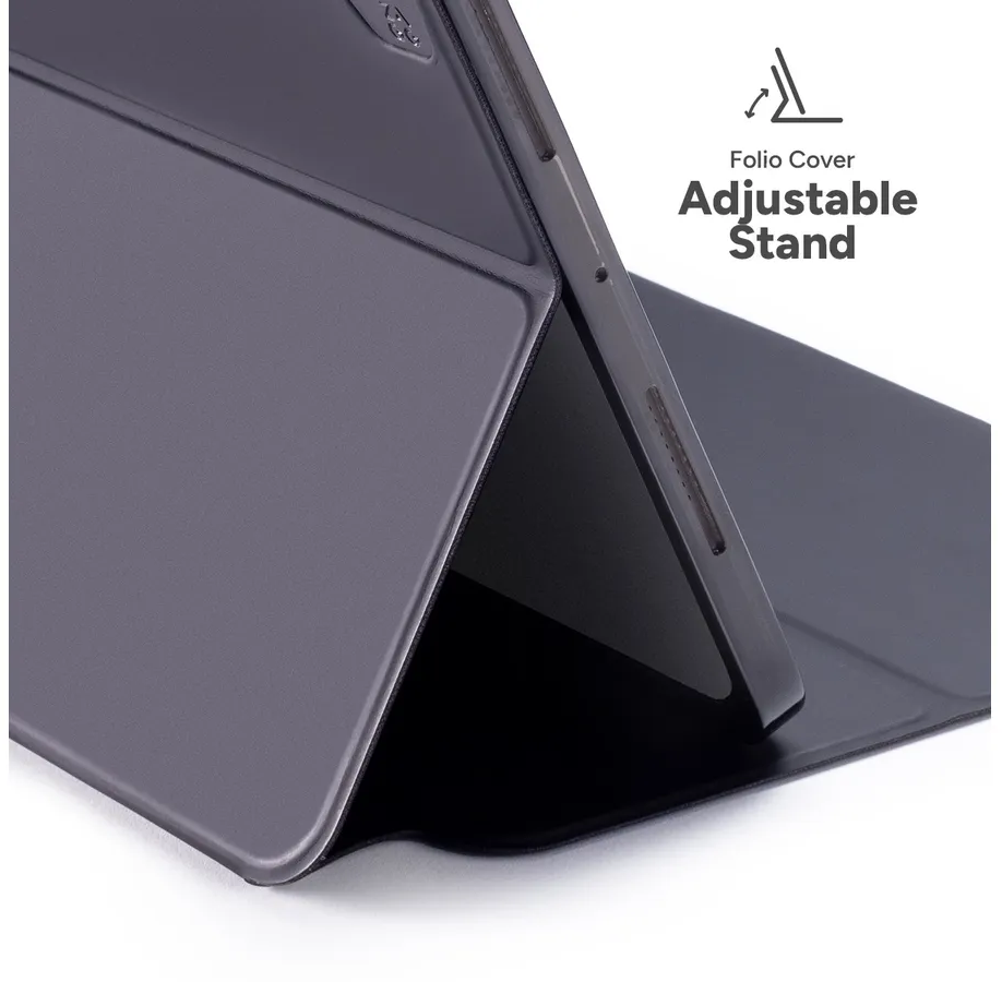 Eine dunkelgraue Folio-Hülle mit verstellbarem Ständer. Die Hülle ist geöffnet, und der Ständer ist sichtbar. Text: 'Folio Cover Adjustable Stand'.