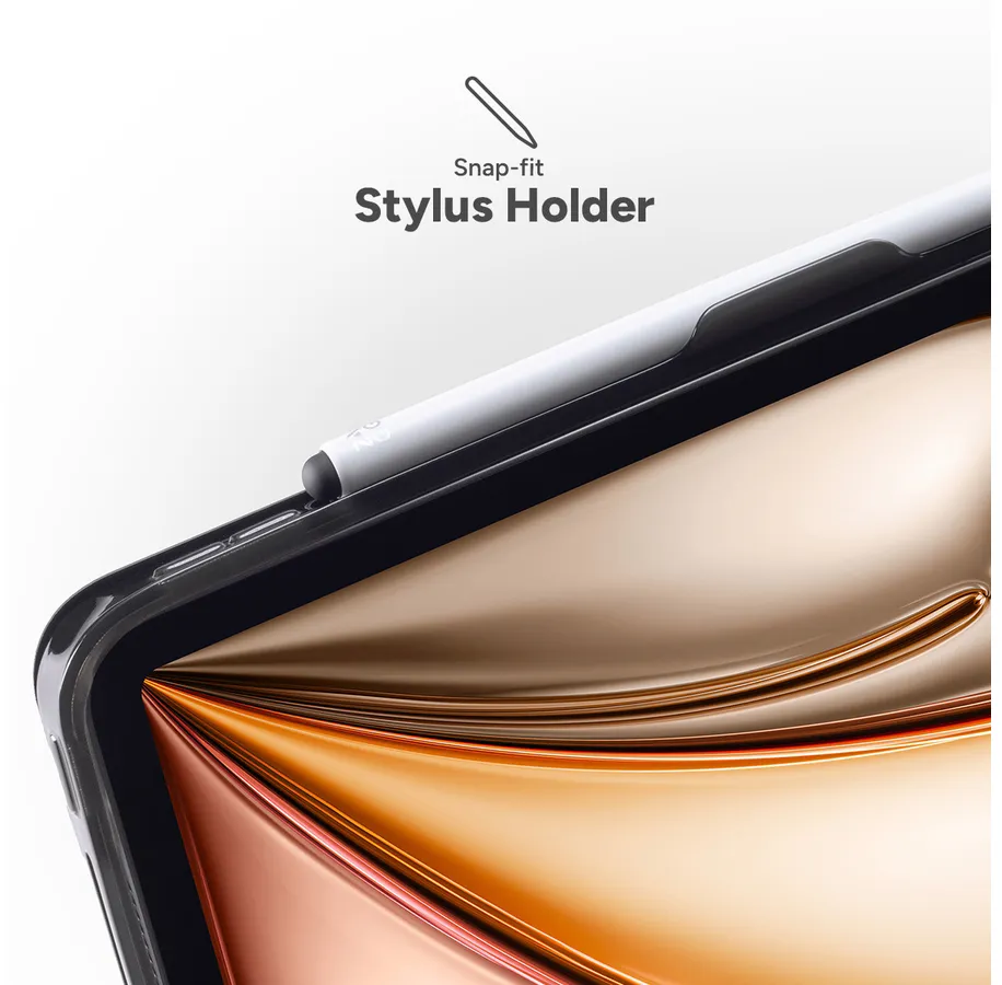 Nahaufnahme eines Stifthalters mit eingelegtem Stift. Der Halter ist schwarz mit einem weißen Stift vor goldenem Hintergrund.