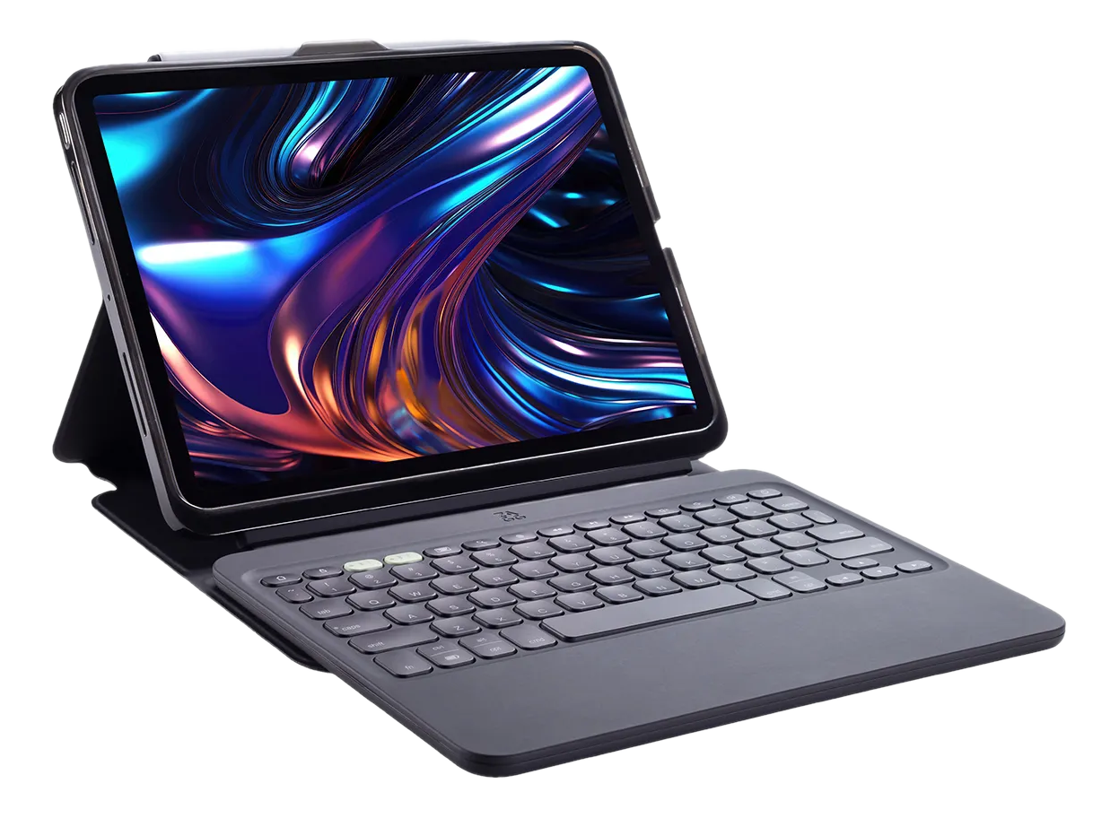 Tablet mit Tastaturhülle. Der Bildschirm zeigt ein farbenfrohes abstraktes Bild. Die Tastatur ist grau mit weißen Tasten.