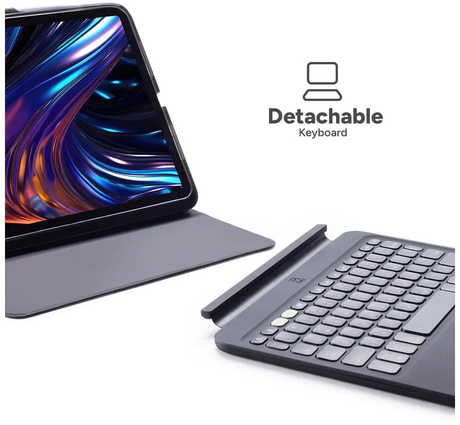 Ein Tablet mit abnehmbarer Tastatur. Das Tablet befindet sich in einer Hülle. Die Tastatur ist schwarz mit weißen Tasten. Der Bildschirm zeigt abstrakte Kunst.