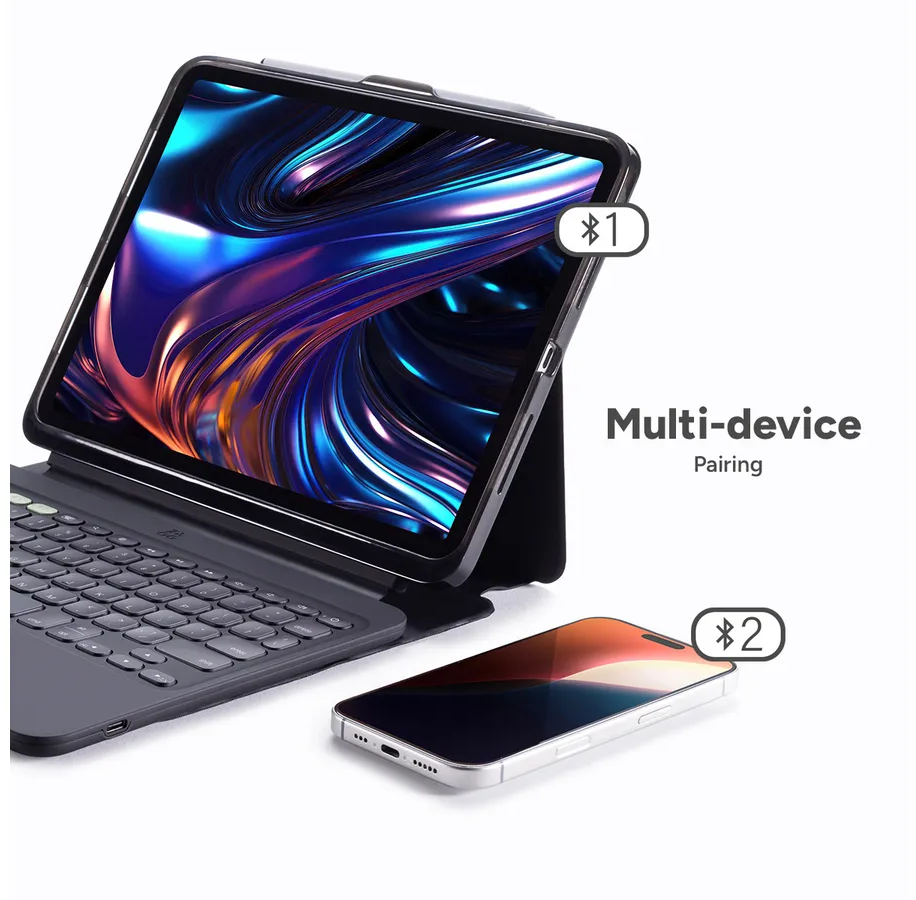 Ein iPad auf einer Tastaturhülle und ein iPhone, beide mit Bildschirmen. Symbole zeigen das Pairing an. Text sagt Multi-Geräte-Pairing.