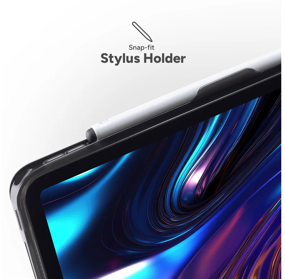 Nahaufnahme eines Tablets mit Stifthalter. Ein weißer Stift ist vorhanden. Text: Snap-fit Stylus Holder.