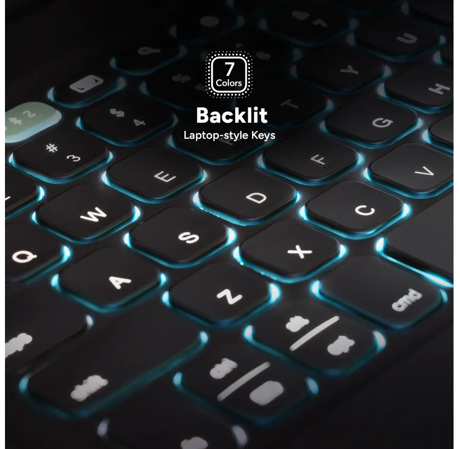 Nahaufnahme einer beleuchteten Tastatur mit leuchtenden Tasten. Die Tasten sind schwarz, die Beleuchtung cyanfarben. Text: 'Backlit, Laptop-style Keys'.