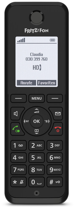 Un telefono cordless nero con uno schermo che mostra il nome e il numero di un contatto. Ha una tastiera.