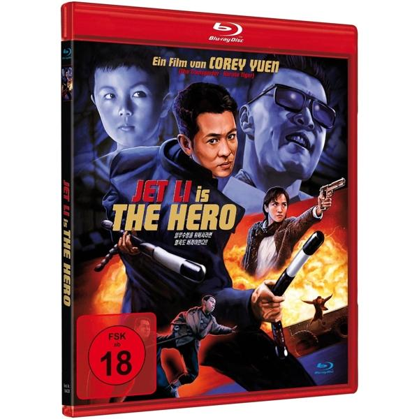 Blu-ray-Cover von 'Jet Li is The Hero'. Zeigt Jet Li und andere Schauspieler mit Waffen und Actionszenen. FSK 18.