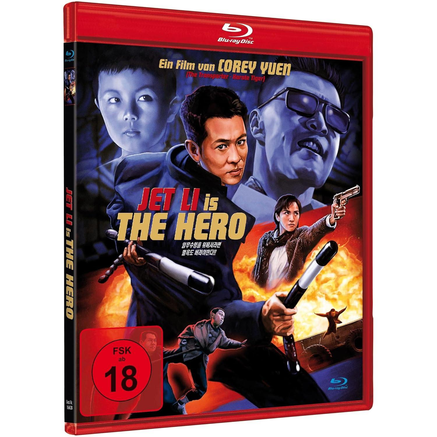 Blu-ray-Cover von 'Jet Li is The Hero'. Zeigt Jet Li, andere Schauspieler und Actionszenen vor rotem und blauem Hintergrund. Enthält Blu-ray-Logo.