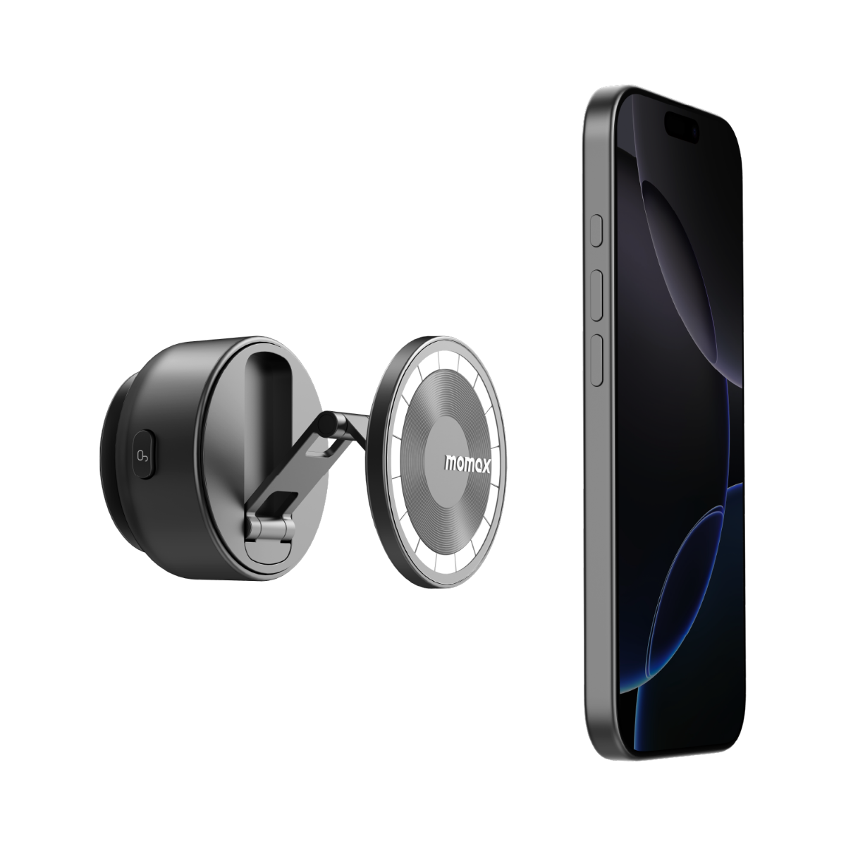 Bir telefon ve araç tutucusu. Telefon sağda. Tutucu siyah ve gri, üzerinde 'momax' markası var.