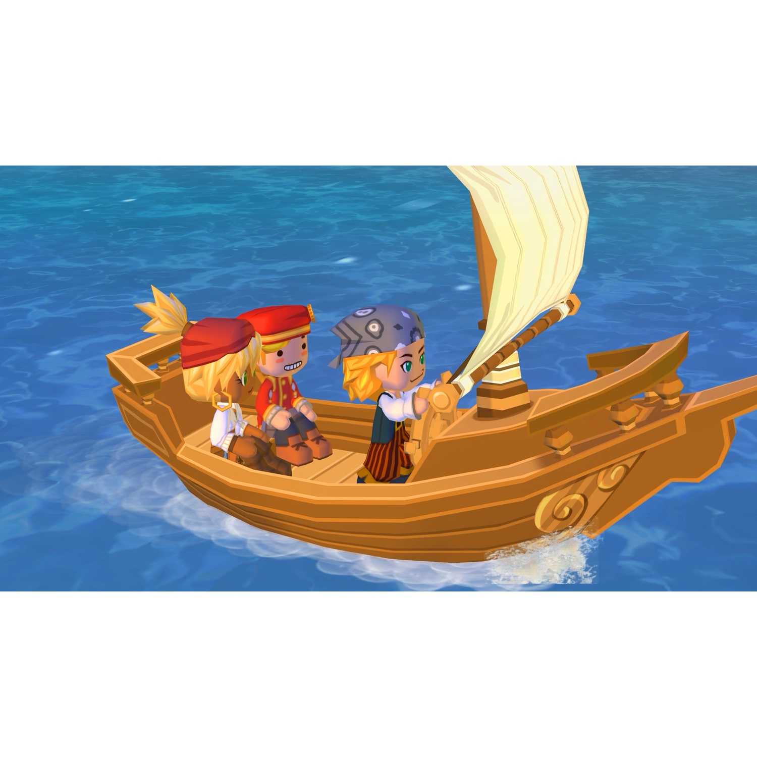Cartoonboot met drie figuren die varen op blauw water. De boot is bruin en de figuren zijn gekleed als piraten.