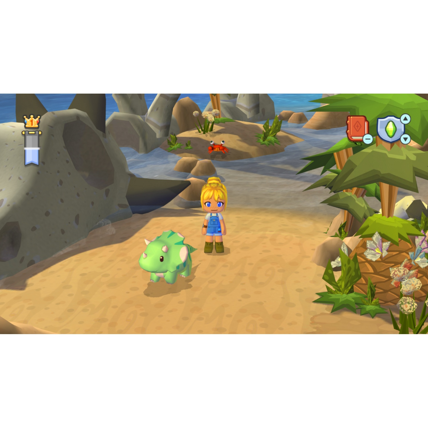 Een meisje in een overall staat bij een groene dinosaurus op het strand. Op de achtergrond water, rotsen en een krab.