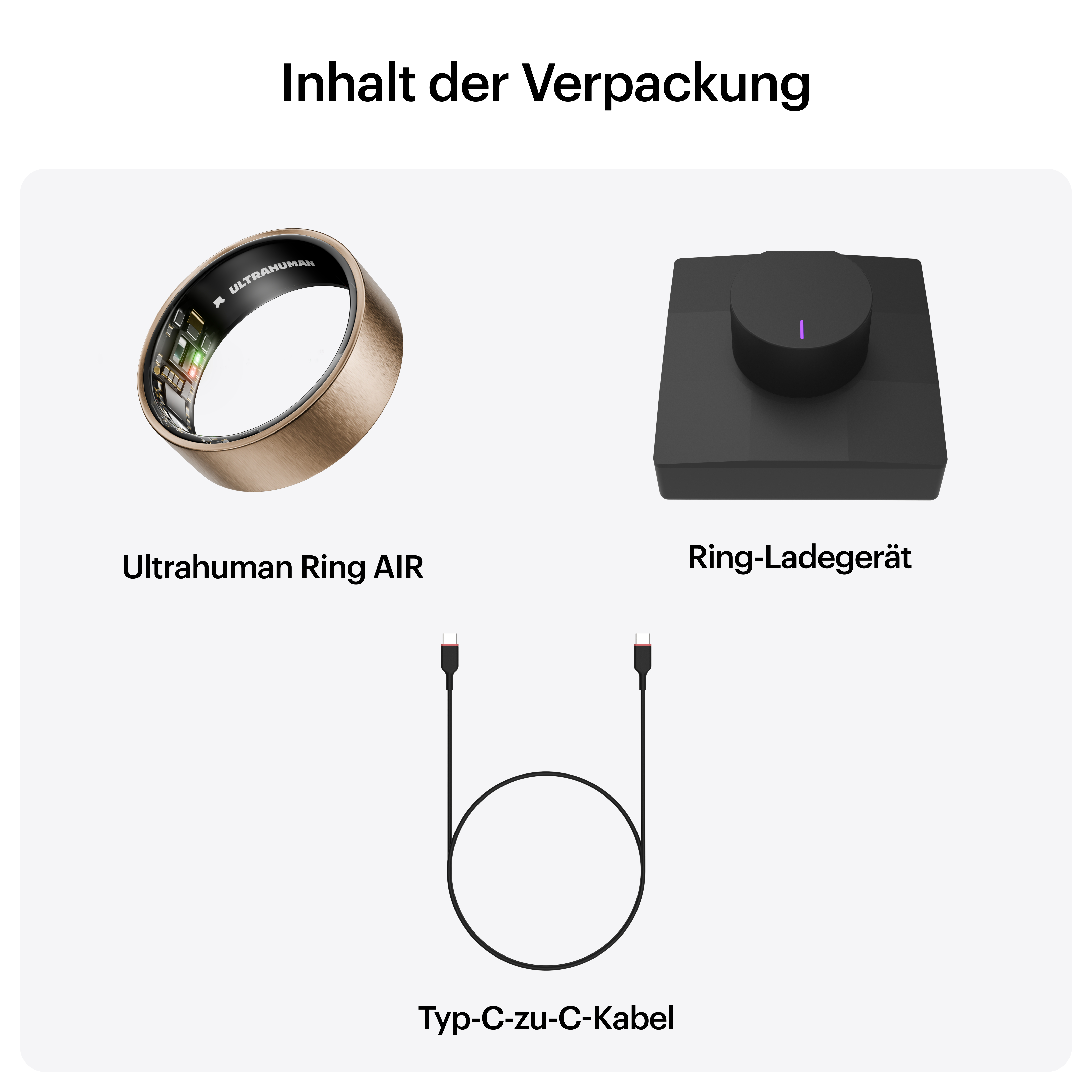 Das Bild zeigt einen Ultrahuman-Ring, ein Ladegerät und ein USB-C-Kabel auf weißem Hintergrund.