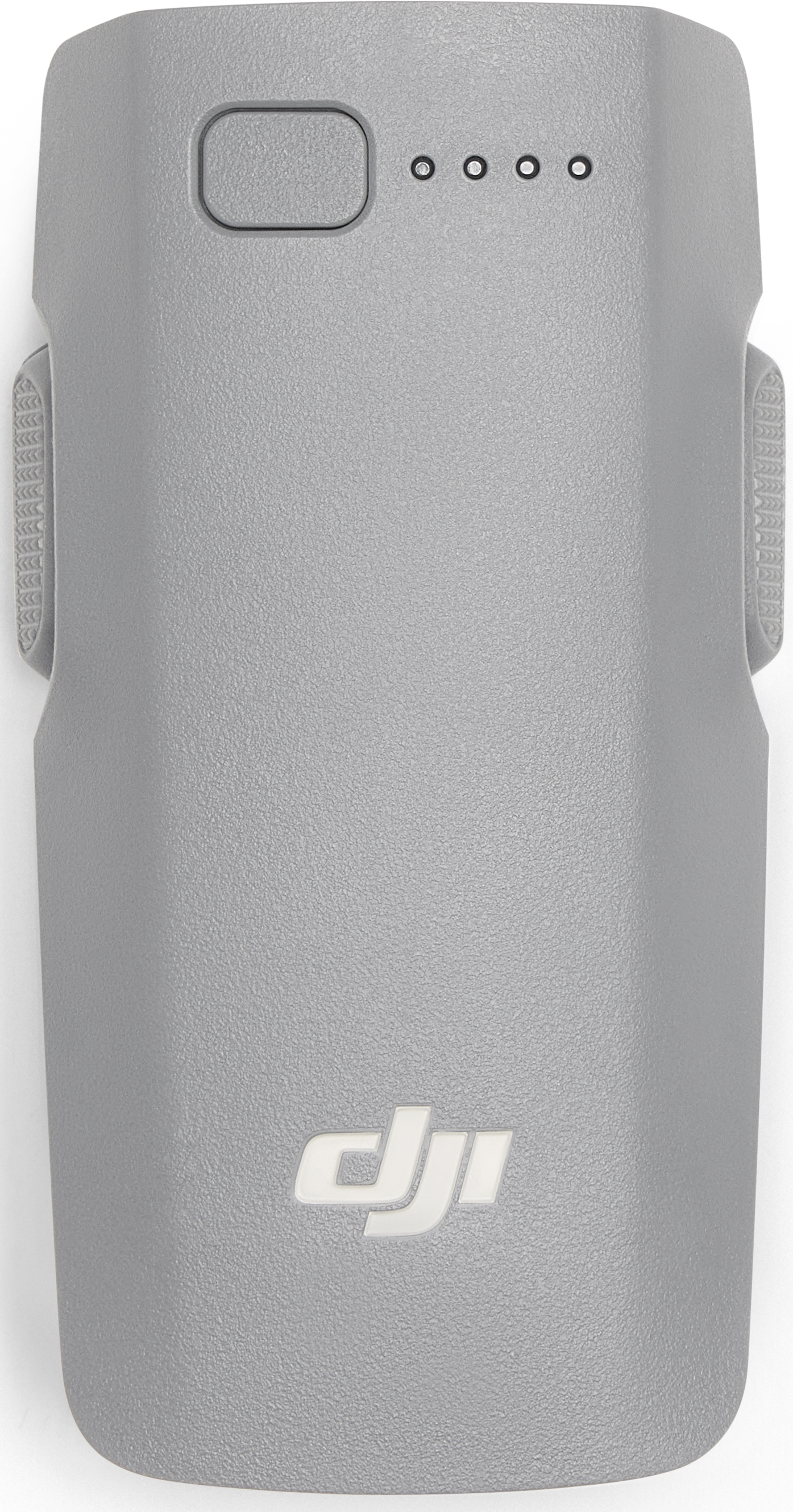 Szürke DJI drón akkumulátor. Van rajta egy bekapcsológomb, négy jelzőfény és a DJI logója.