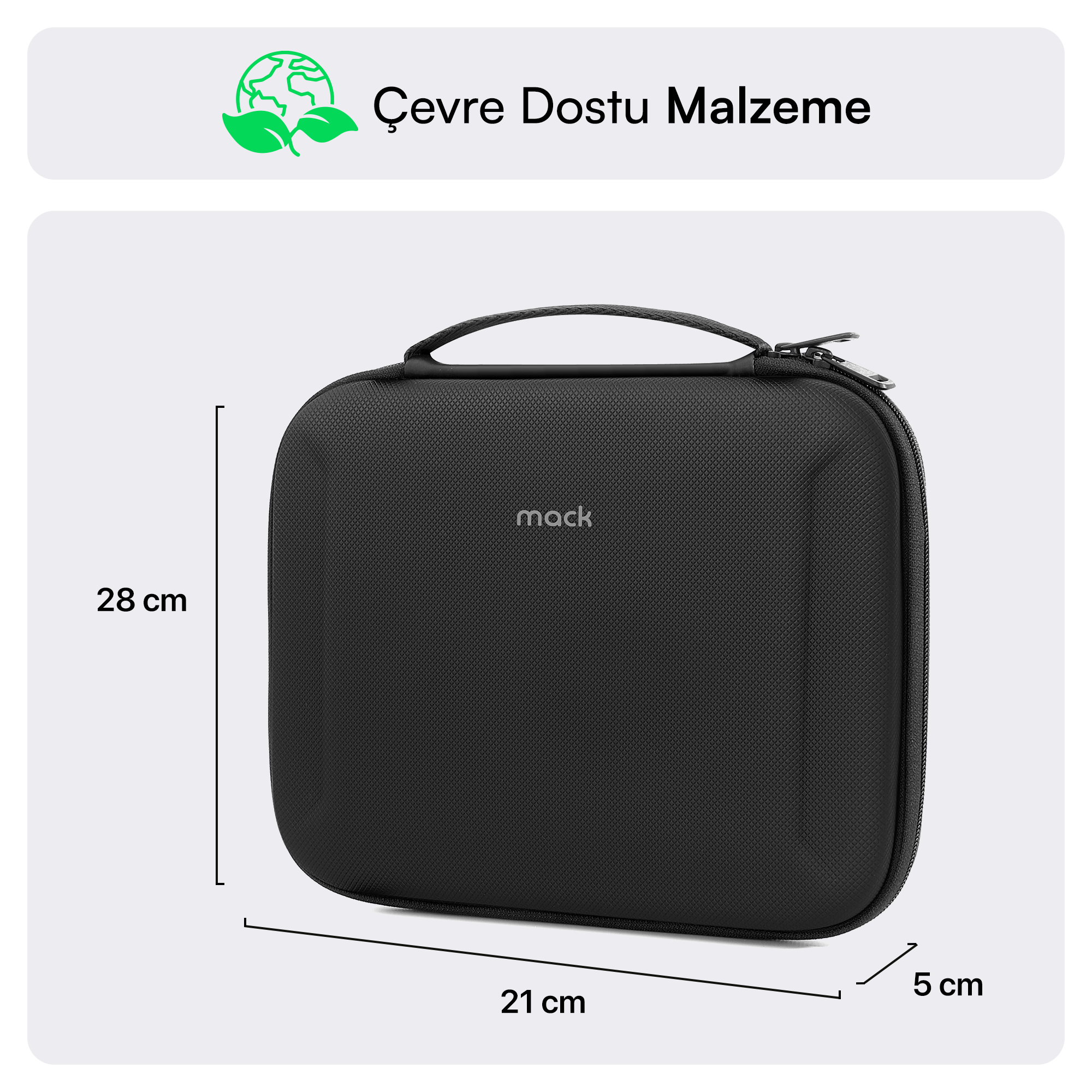 Siyah Mack çantası. Boyutları 28x21x5 cm. Metin 'Çevre Dostu Malzeme' ve yeşil dünya simgesi.