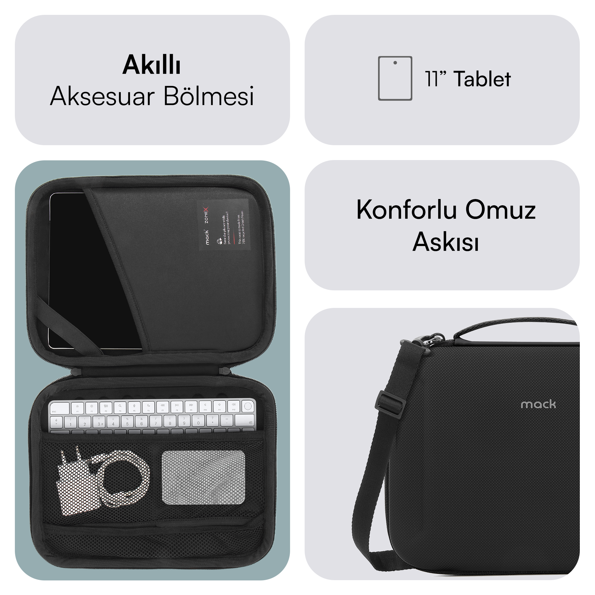 Siyah tablet kılıfı, klavye, şarj aleti ve kablo içerir. Omuz askısı ve 11" tablet içerir.